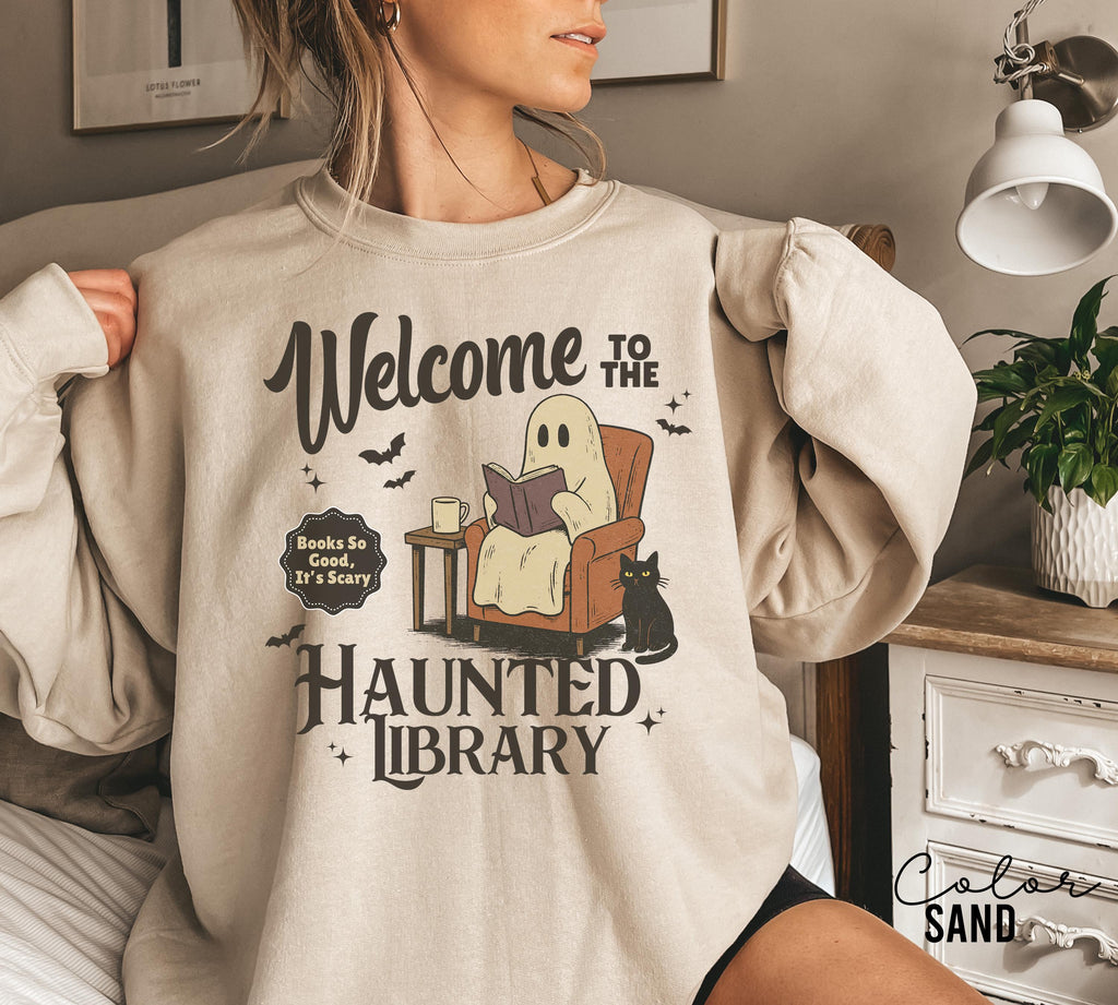 Halloween Ghost Reading Book Sweatshirt, Haunted Library Sweatshirt, Bookish Halloween Crewneck, Halloween Reader Gift, Book Club