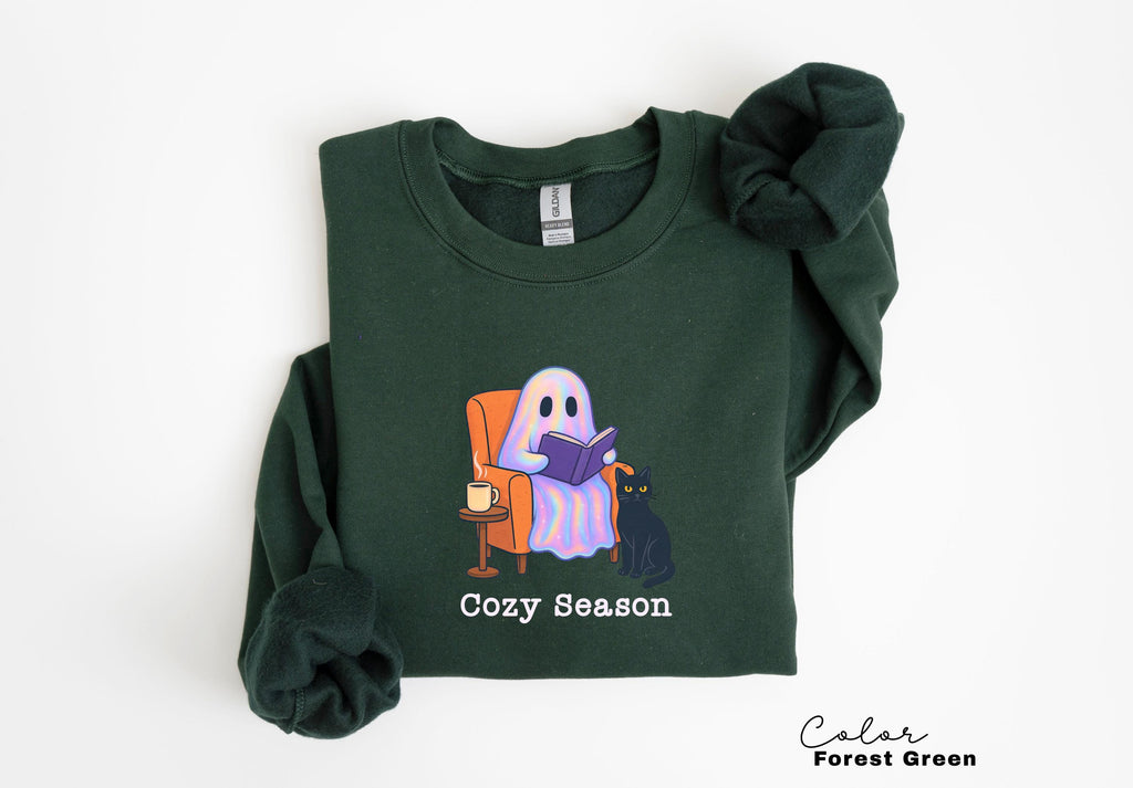 Halloween Ghost Reading Book Sweatshirt, Cozy Season, Bookish Halloween, Halloween Reader Gift, Book Club, Black Cat