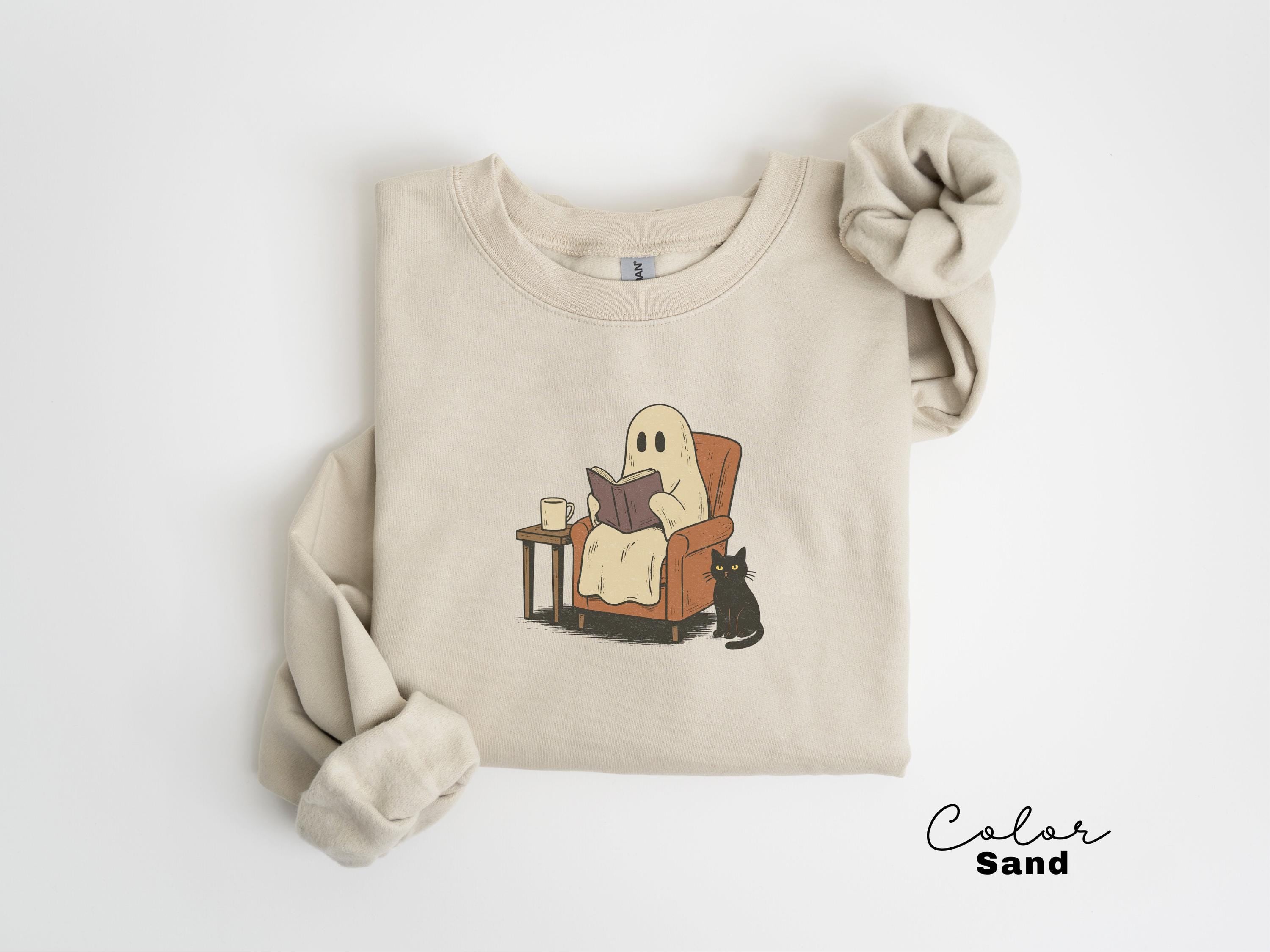 Halloween Ghost Reading Book Sweatshirt, Cozy Season Crewneck, Bookish Halloween , Halloween Reader Gift, Book Club,