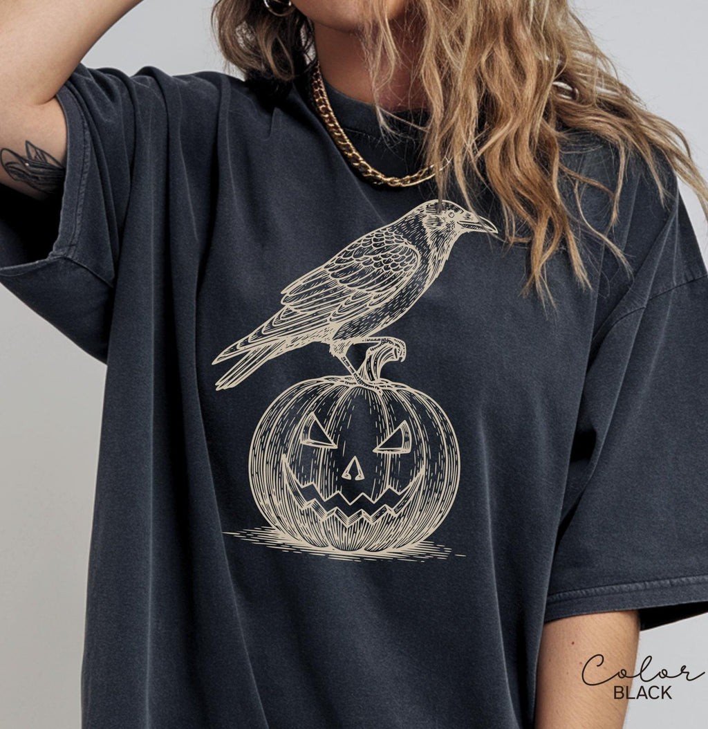 Halloween Crow Pumpkin Shirt, Jack O Lantern, Boho Cottagecore, Floral Halloween, Oversized, Comfort Colors, Crewneck Tee, Halloween Party