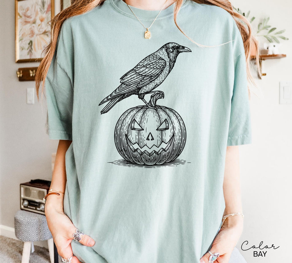 Halloween Crow Pumpkin Shirt, Jack O Lantern, Boho Cottagecore, Floral Halloween, Oversized, Comfort Colors, Crewneck Tee, Halloween Party