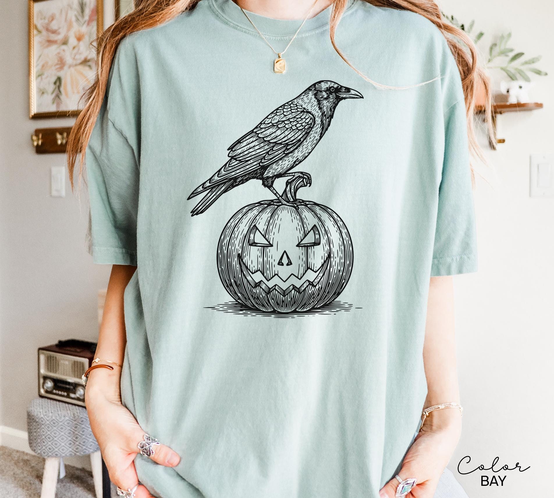 Halloween Crow Pumpkin Shirt, Jack O Lantern, Boho Cottagecore, Floral Halloween, Oversized, Comfort Colors, Crewneck Tee, Halloween Party
