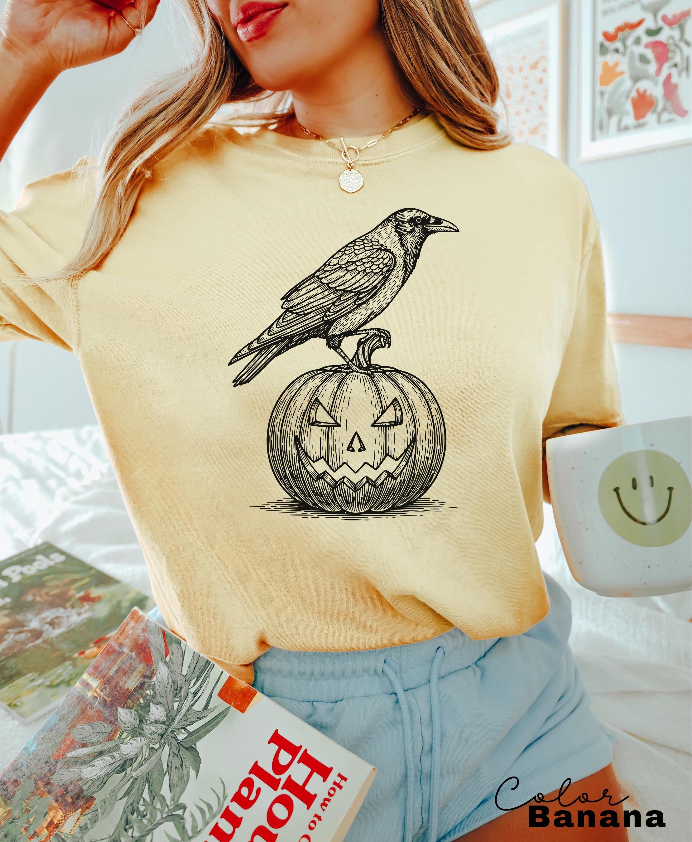 Halloween Crow Pumpkin Shirt, Jack O Lantern, Boho Cottagecore, Floral Halloween, Oversized, Comfort Colors, Crewneck Tee, Halloween Party