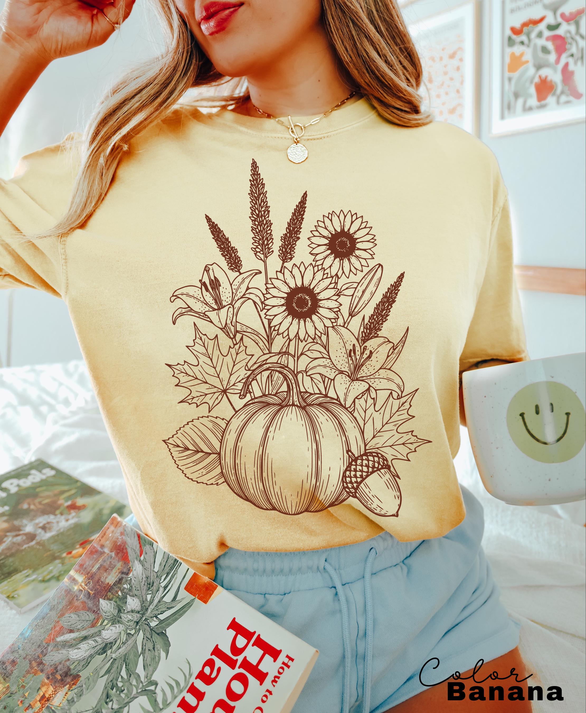 Boho Fall Floral Shirt, Retro Fall Tshirt, Comfort Colors, Autumn Vibes Shirt, Pumpkin Fall Tee, Pressed Wildflower Flower Shirt