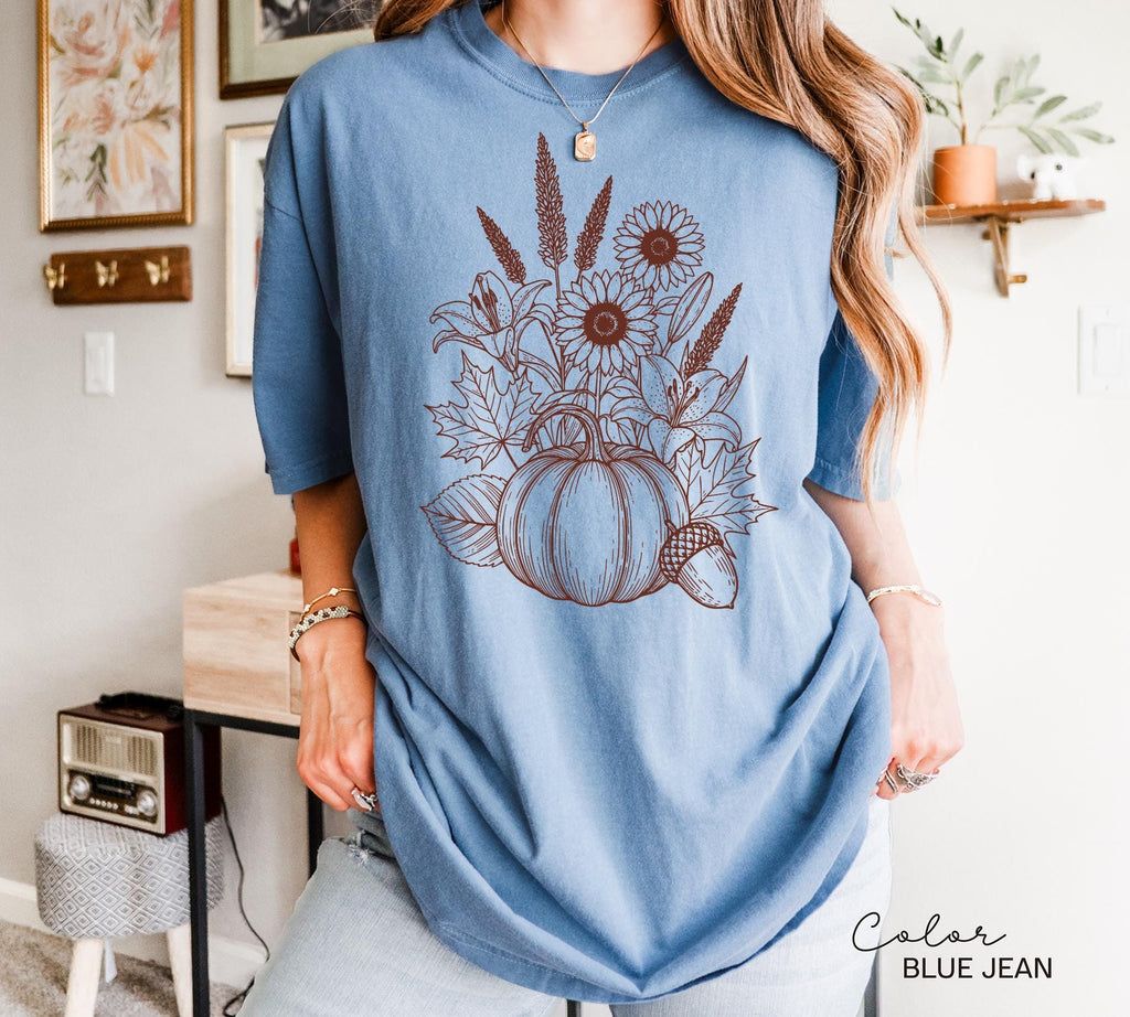 Boho Fall Floral Shirt, Retro Fall Tshirt, Comfort Colors, Autumn Vibes Shirt, Pumpkin Fall Tee, Pressed Wildflower Flower Shirt