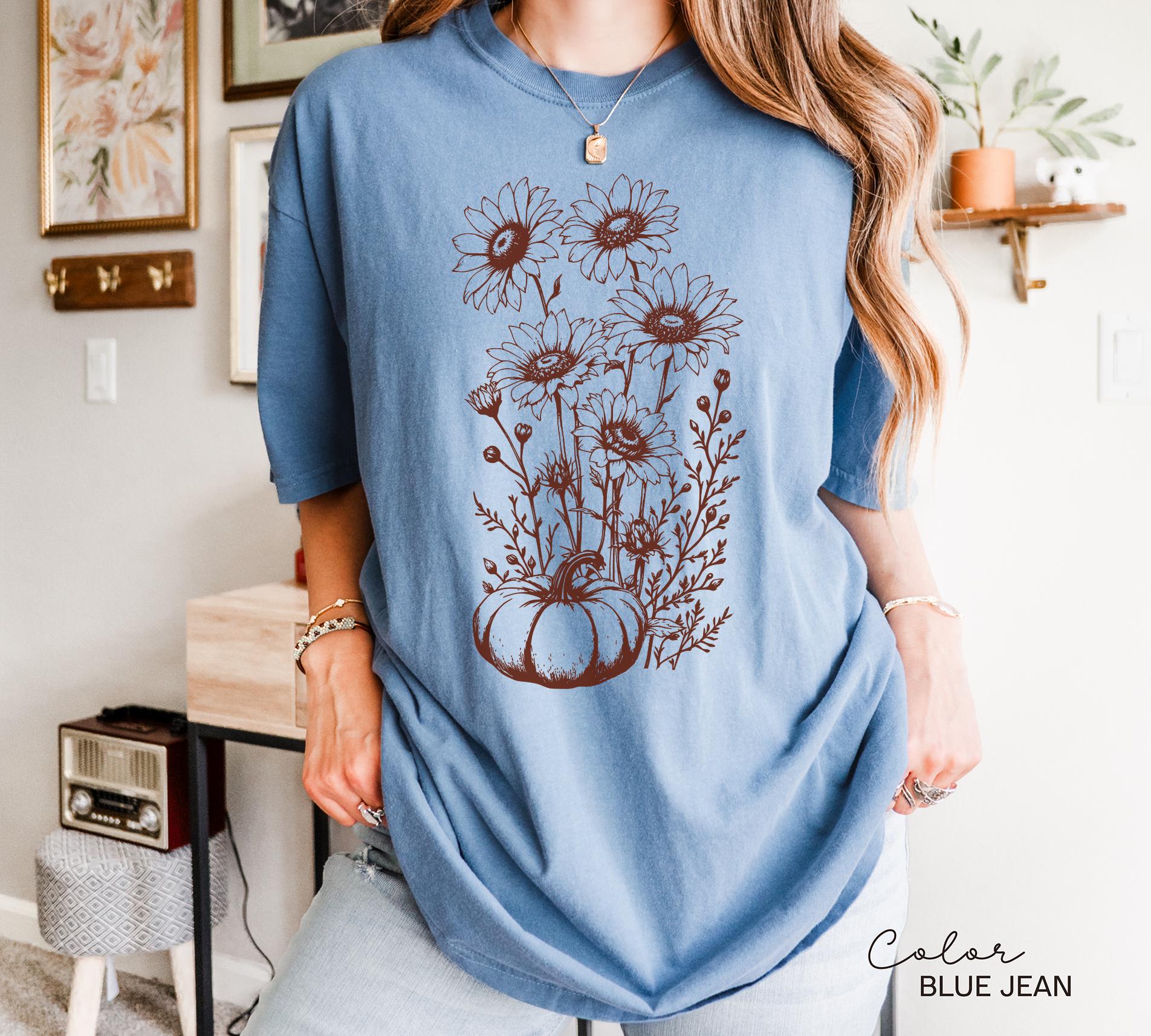 Boho Fall Floral Shirt, Retro Fall Tshirt, Comfort Colors, Autumn Vibes Shirt, Pumpkin Fall Tee, Pressed Wildflower Flower Shirt
