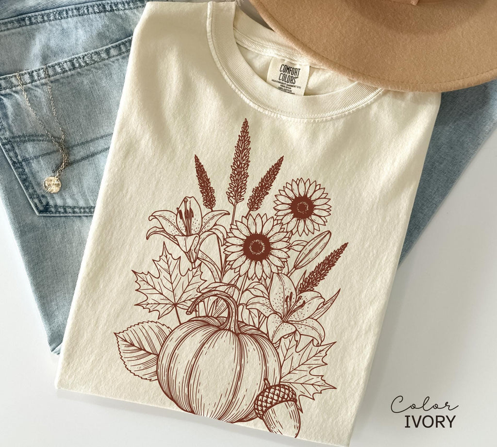 Boho Fall Floral Shirt, Retro Fall Tshirt, Comfort Colors, Autumn Vibes Shirt, Pumpkin Fall Tee, Pressed Wildflower Flower Shirt