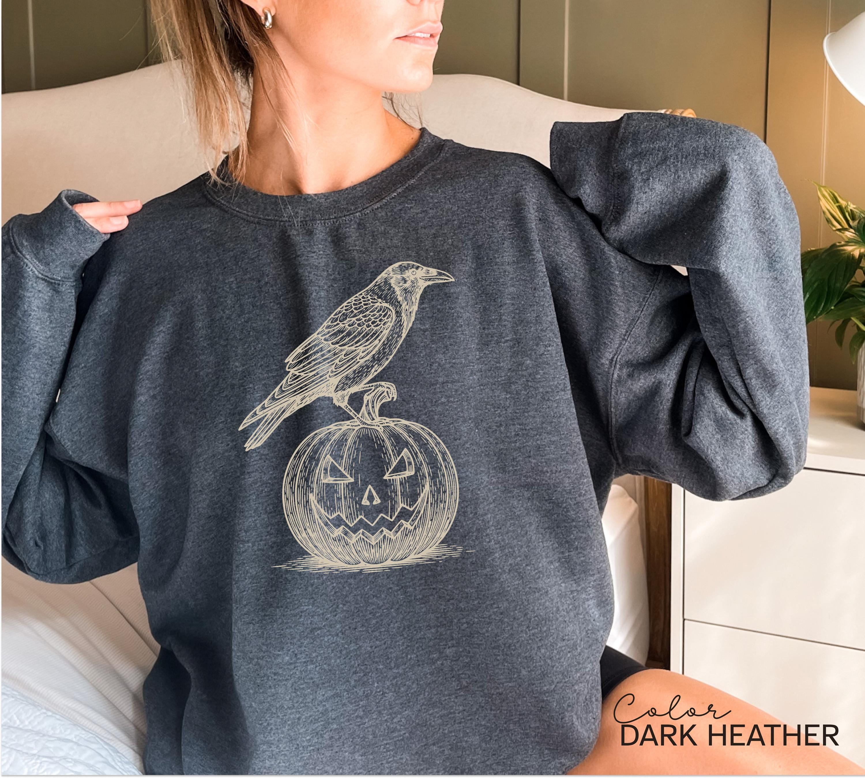 Halloween Crow Pumpkin Sweatshirt, Jack O Lantern, Boho Cottagecore, Floral Halloween, Oversized, Crewneck, Halloween Party