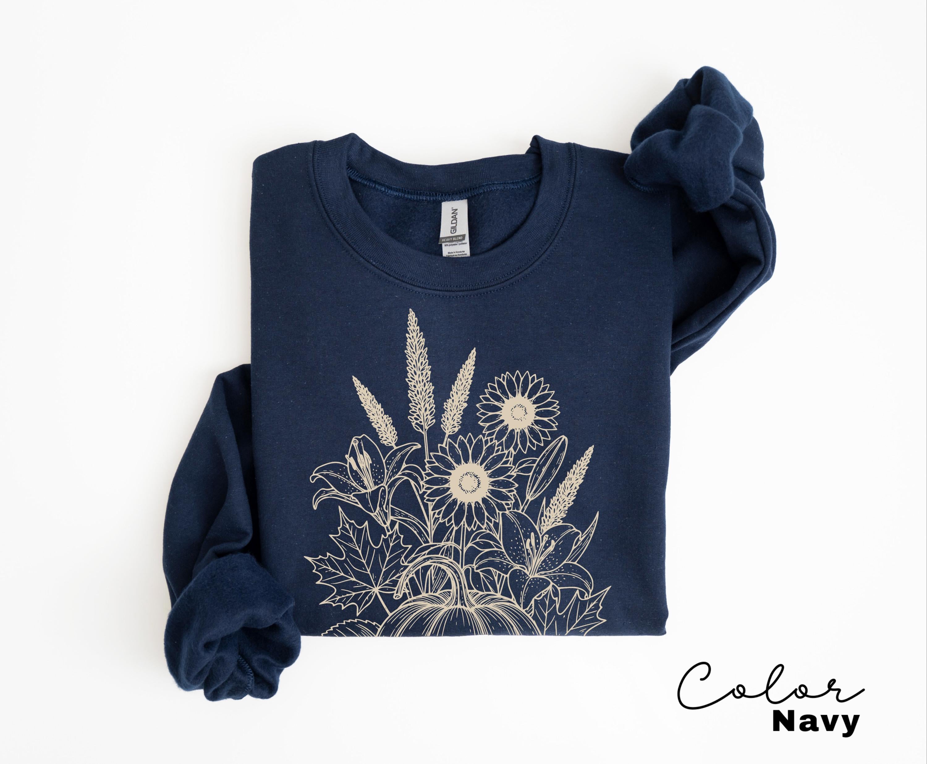 Boho Fall Floral Sweatshirt, Retro Fall Crewneck, Autumn Vibes, Pumpkin Fall, Pressed Wildflower Flower Sweatshirt