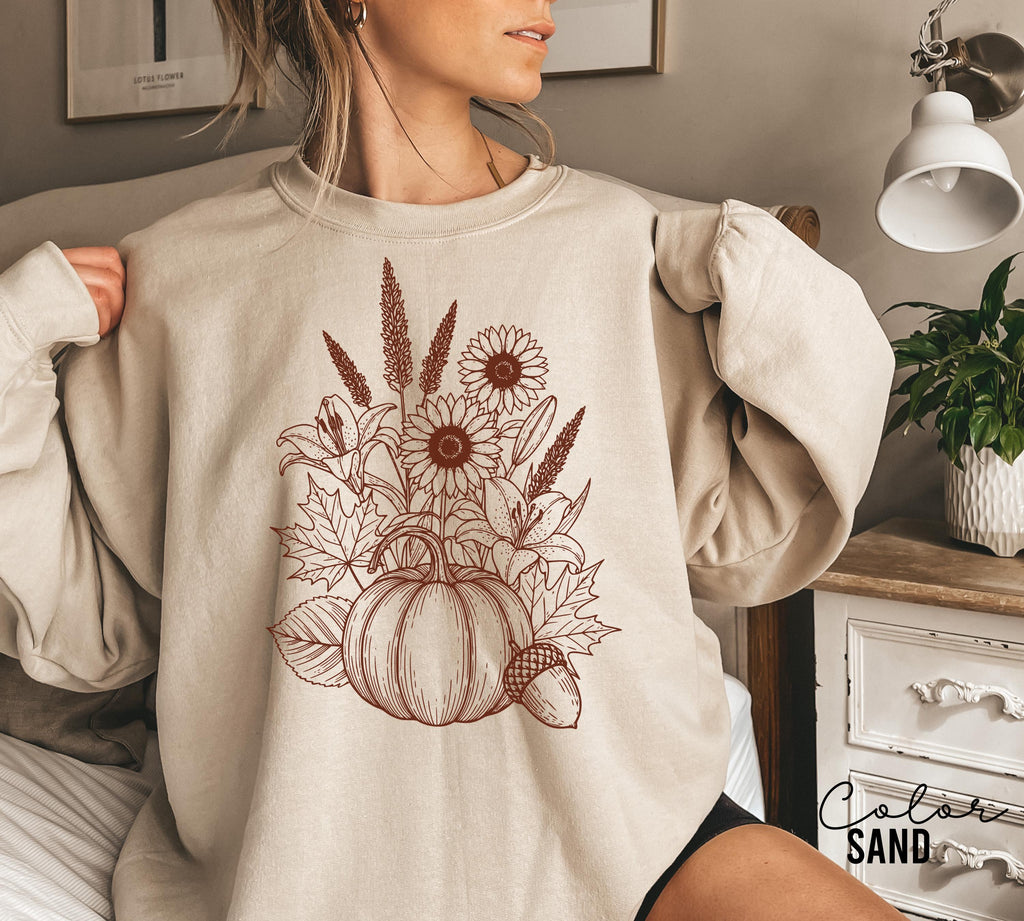 Boho Fall Floral Sweatshirt, Retro Fall Crewneck, Autumn Vibes, Pumpkin Fall, Pressed Wildflower Flower Sweatshirt