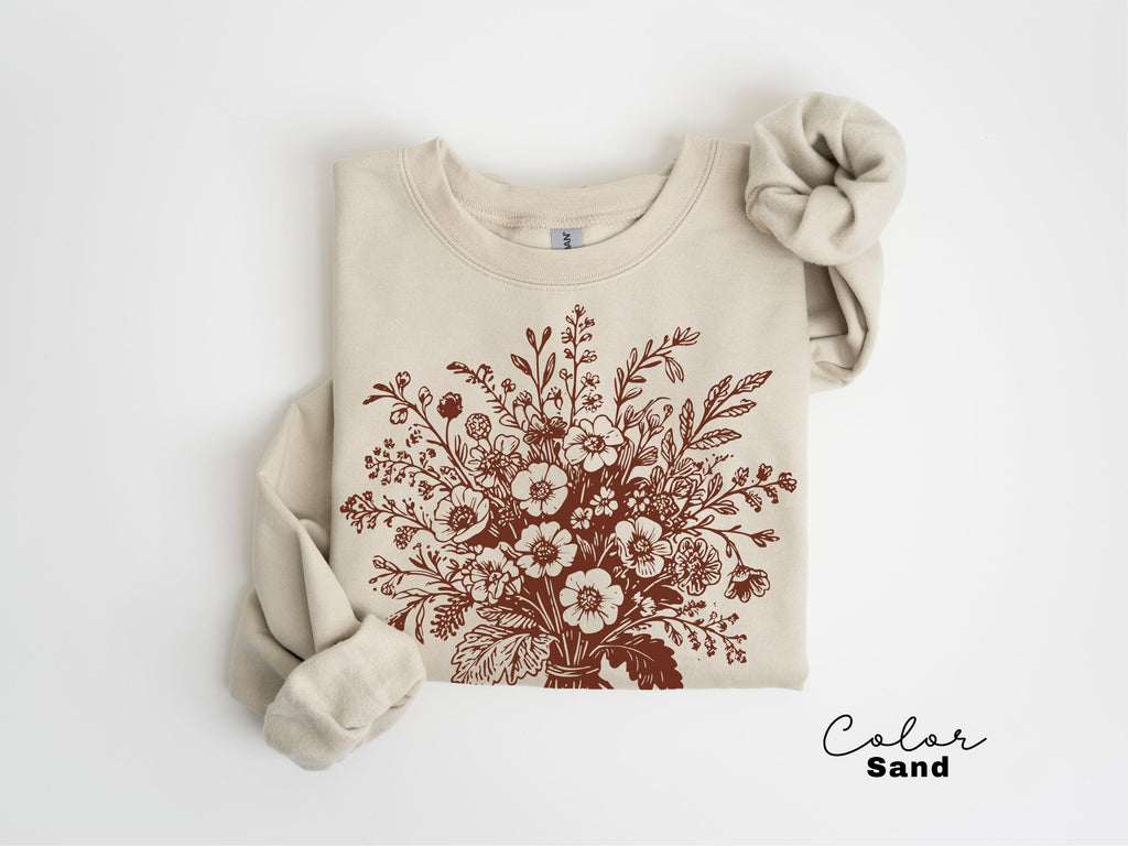 Boho Fall Floral Sweatshirt, Retro Fall Crewneck, Autumn Vibes, Pumpkin Fall, Pressed Wildflower Flower Sweatshirt