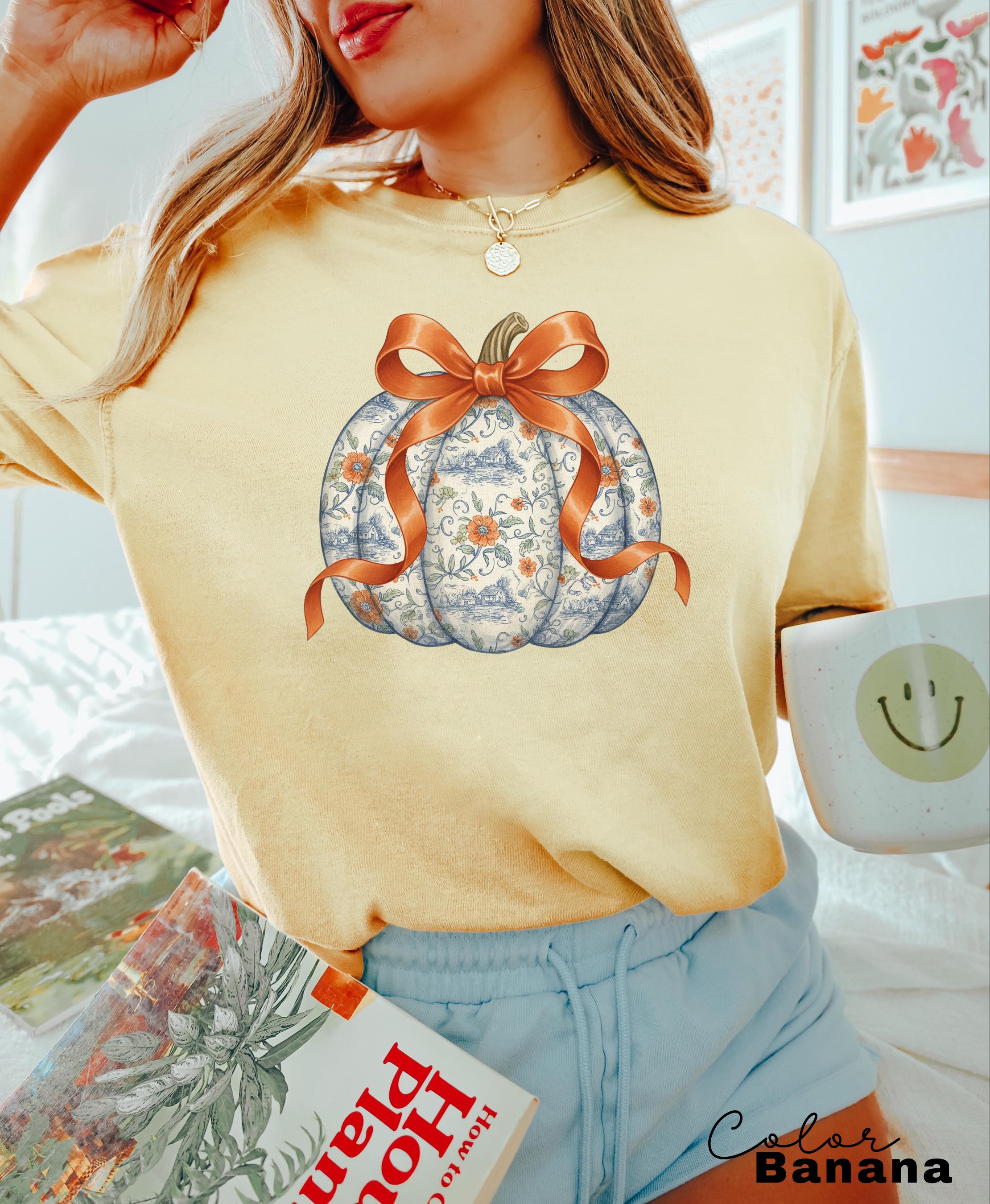 Preppy Floral Pumpkin Shirt Pumpkin Season T-Shirt, Coquette Bow, Autumn Fall Shirt, Thanksgiving Shirt, Fall Pumpkin Comfort Colors Shirt