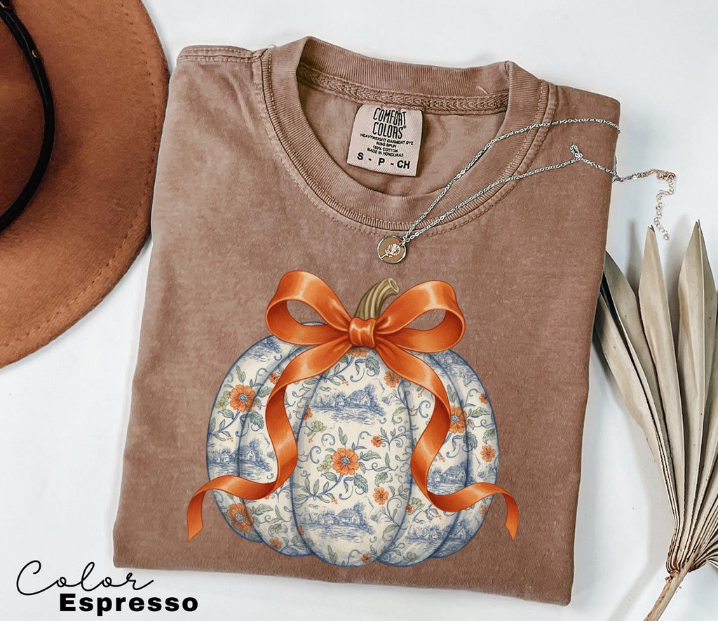 Preppy Floral Pumpkin Shirt Pumpkin Season T-Shirt, Coquette Bow, Autumn Fall Shirt, Thanksgiving Shirt, Fall Pumpkin Comfort Colors Shirt