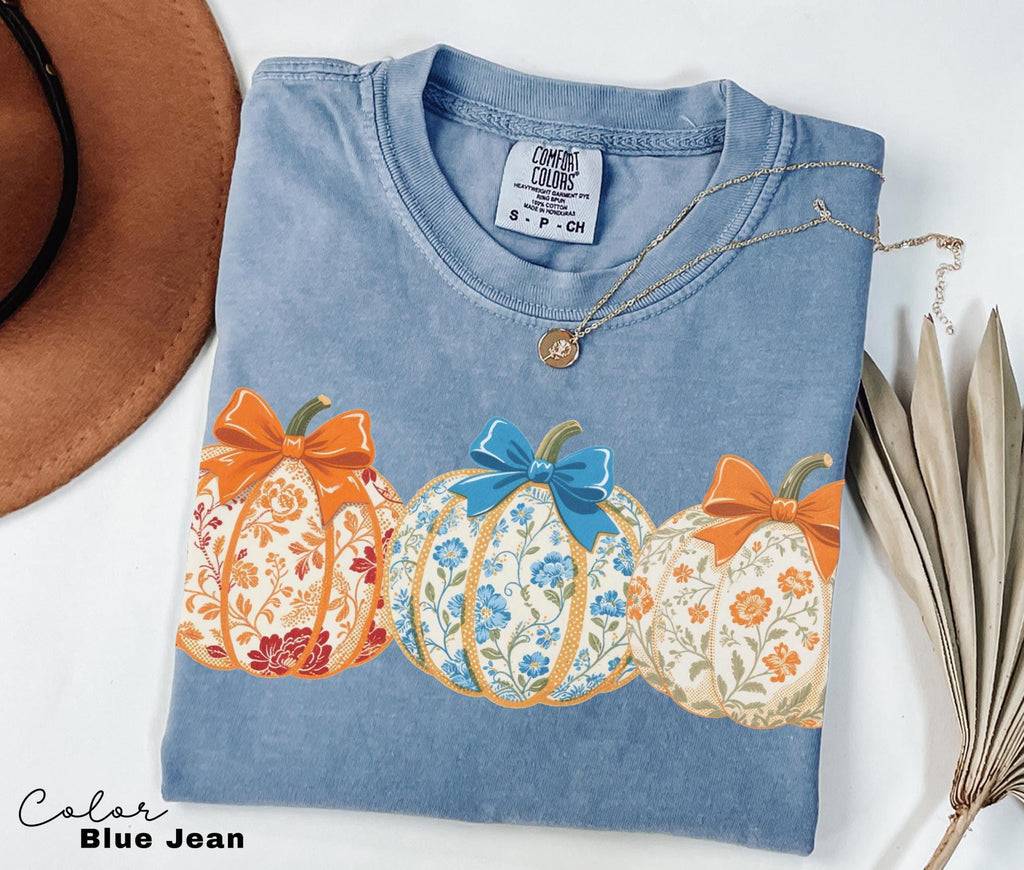 Preppy Floral Pumpkin Shirt Pumpkin Season T-Shirt, Coquette Bow, Autumn Fall Shirt, Thanksgiving Shirt, Fall Pumpkin Comfort Colors Shirt