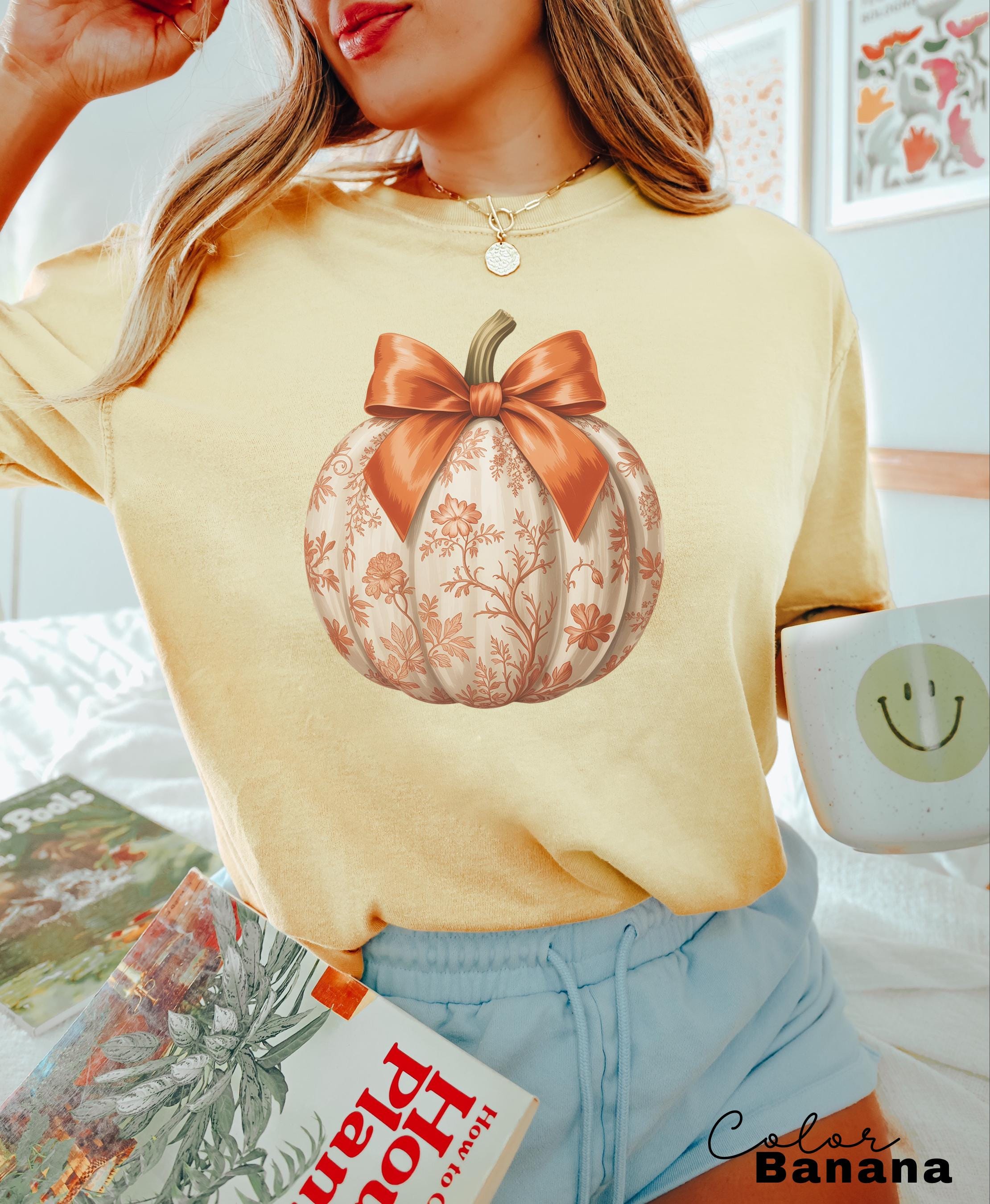 Preppy Floral Pumpkin Shirt Pumpkin Season T-Shirt, Coquette Bow, Autumn Fall Shirt, Thanksgiving Shirt, Fall Pumpkin Comfort Colors Shirt