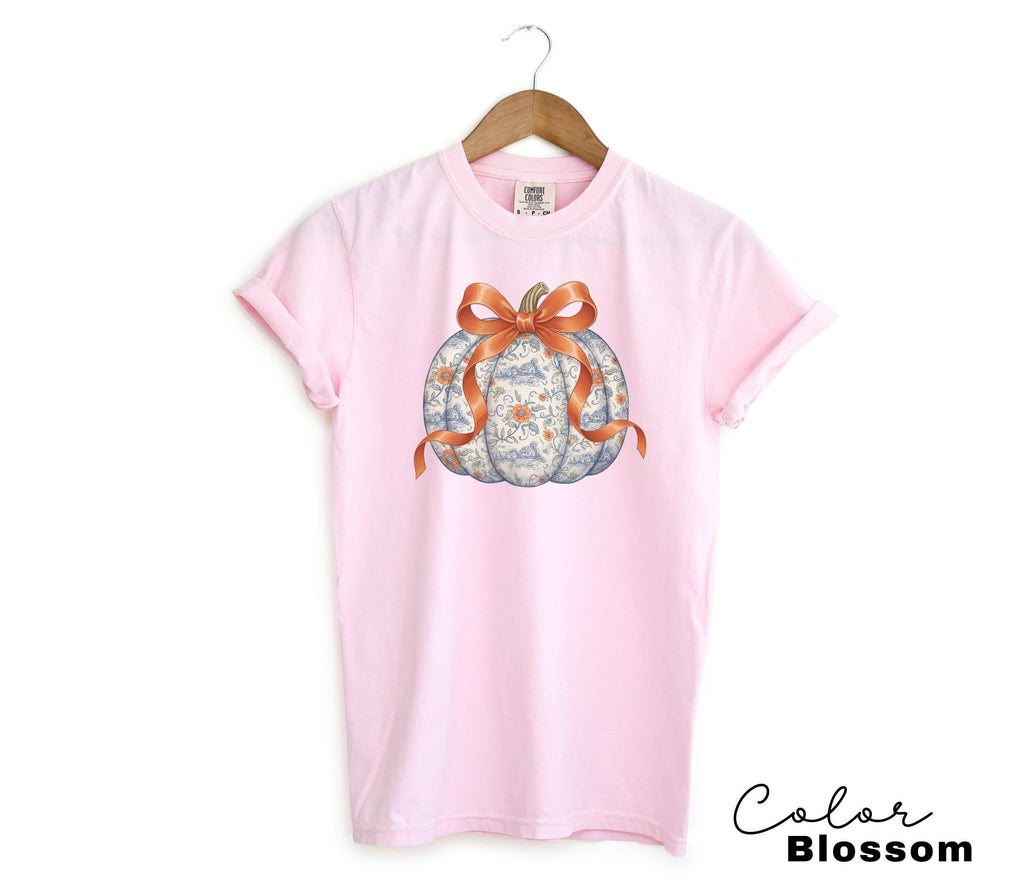 Preppy Floral Pumpkin Shirt Pumpkin Season T-Shirt, Coquette Bow, Autumn Fall Shirt, Thanksgiving Shirt, Fall Pumpkin Comfort Colors Shirt