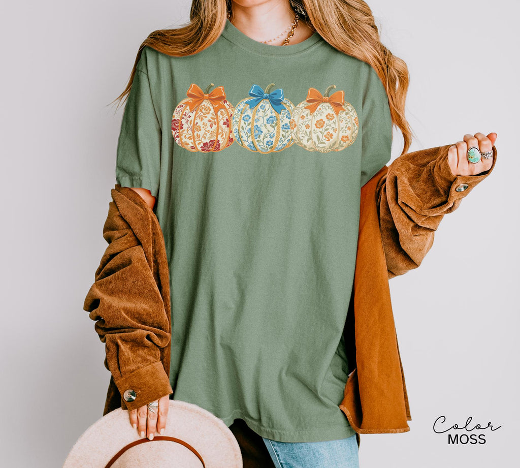Preppy Floral Pumpkin Shirt Pumpkin Season T-Shirt, Coquette Bow, Autumn Fall Shirt, Thanksgiving Shirt, Fall Pumpkin Comfort Colors Shirt