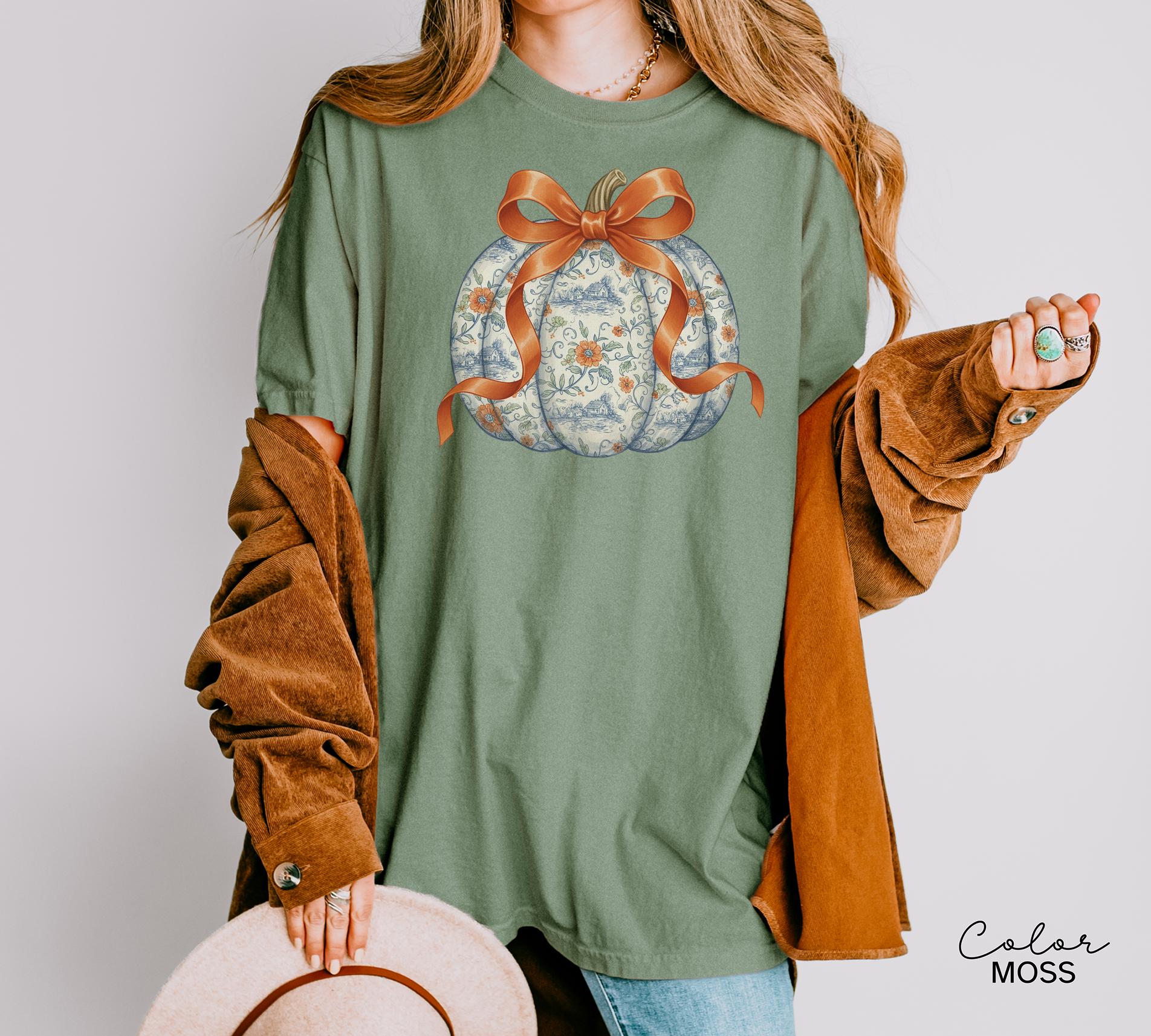 Preppy Floral Pumpkin Shirt Pumpkin Season T-Shirt, Coquette Bow, Autumn Fall Shirt, Thanksgiving Shirt, Fall Pumpkin Comfort Colors Shirt