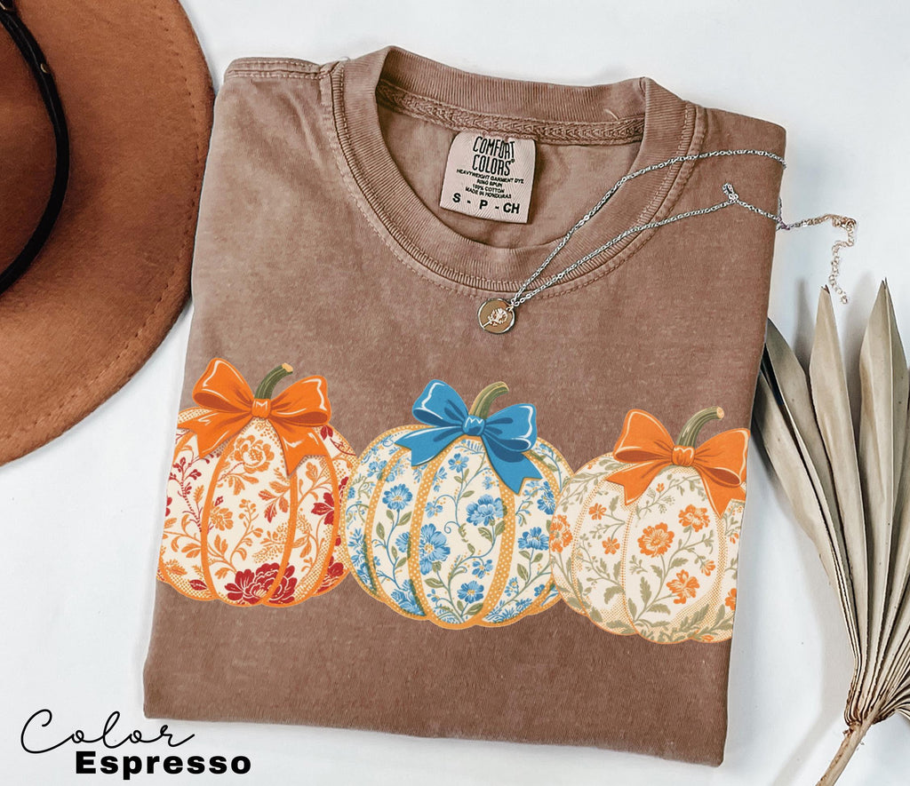 Preppy Floral Pumpkin Shirt Pumpkin Season T-Shirt, Coquette Bow, Autumn Fall Shirt, Thanksgiving Shirt, Fall Pumpkin Comfort Colors Shirt