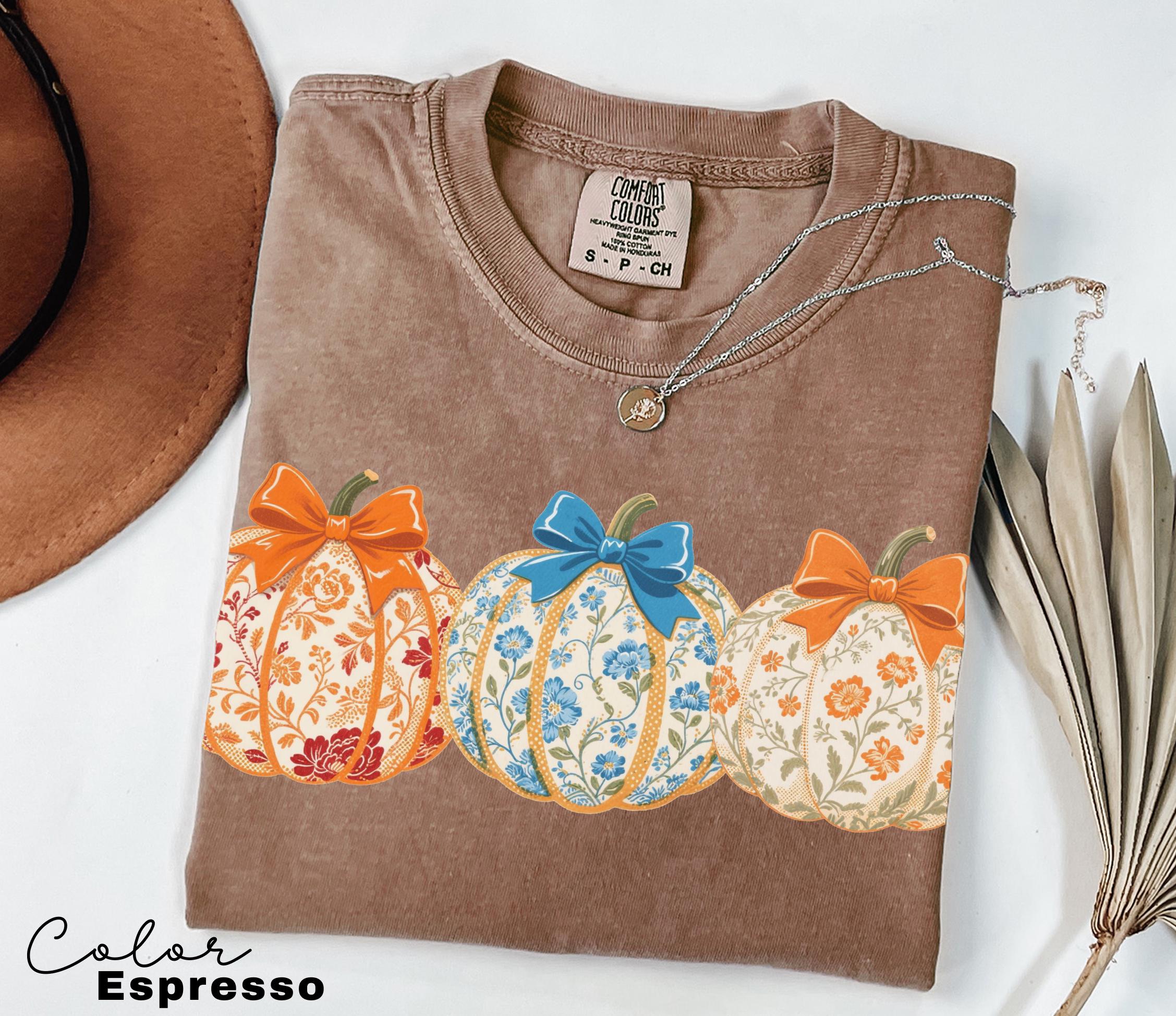 Preppy Floral Pumpkin Shirt Pumpkin Season T-Shirt, Coquette Bow, Autumn Fall Shirt, Thanksgiving Shirt, Fall Pumpkin Comfort Colors Shirt