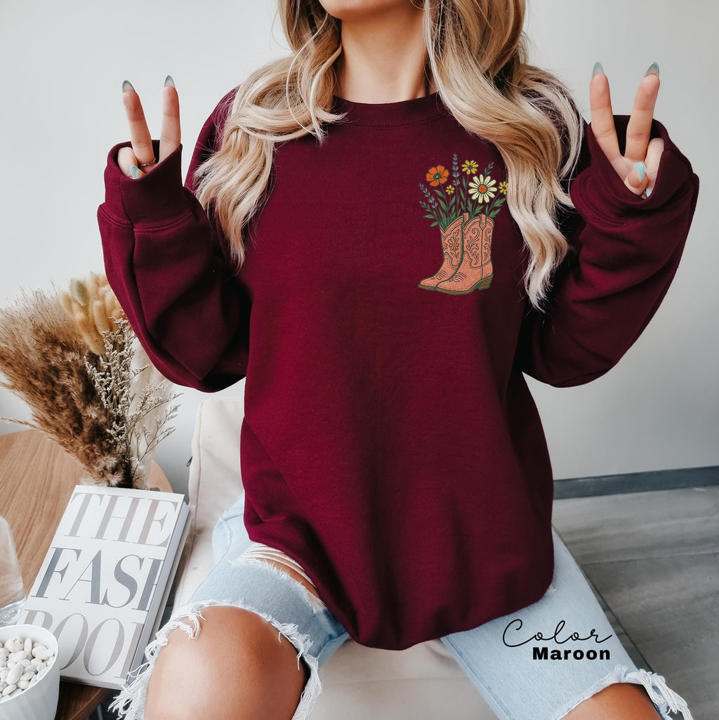 Cowgirl Boots Wildflowers Sweatshirt, Retro Western, Country Girl Sweatshirt, Rodeo Outfit, Gift for Her, Country Farm Crewneck, Floral
