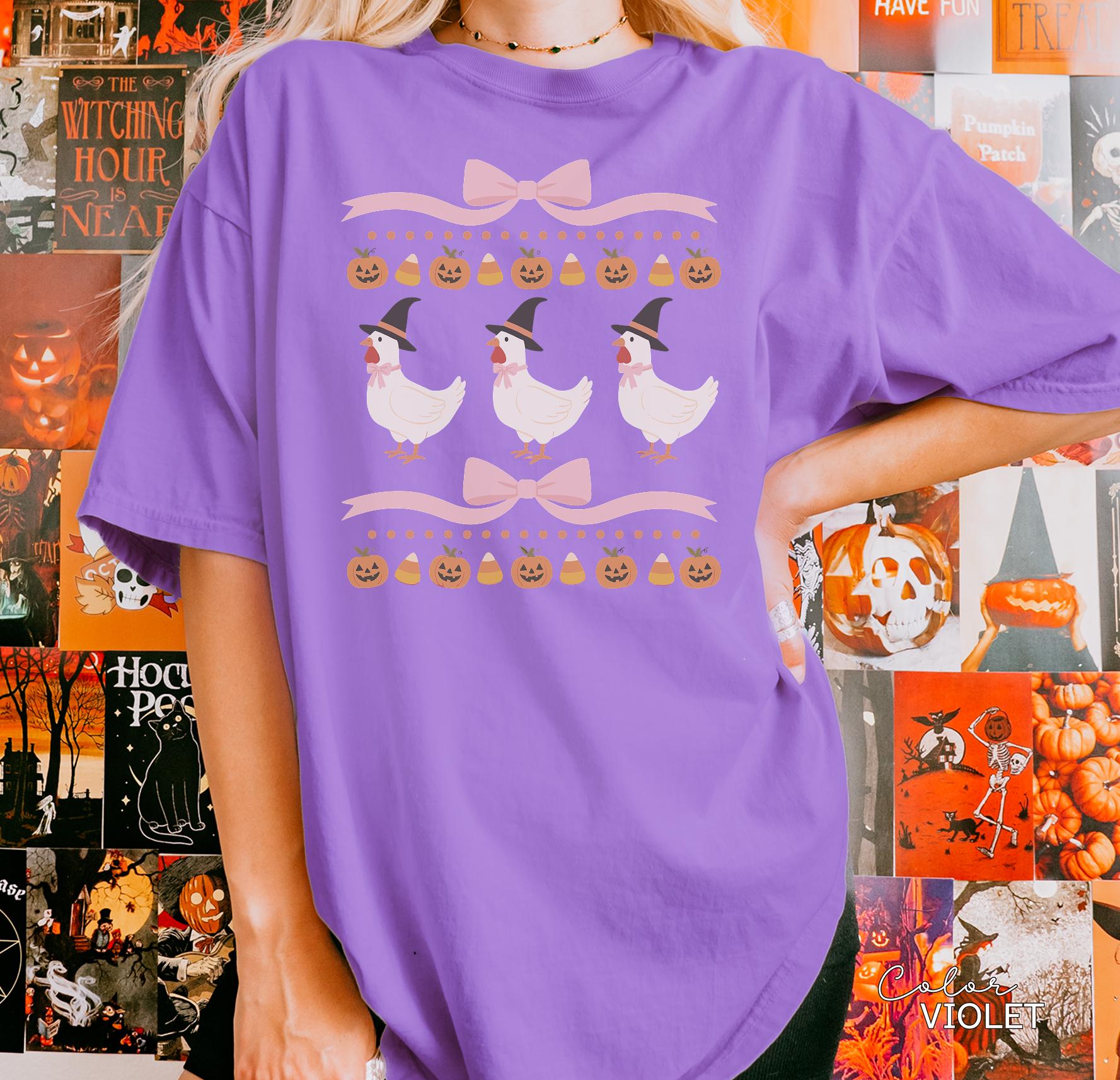 Halloween Chicken Bow Shirt, Retro Chicken Shirt, Cottagecore Halloween, Witch Chicks, Funny Chicken Tee, Farm Halloween, Country