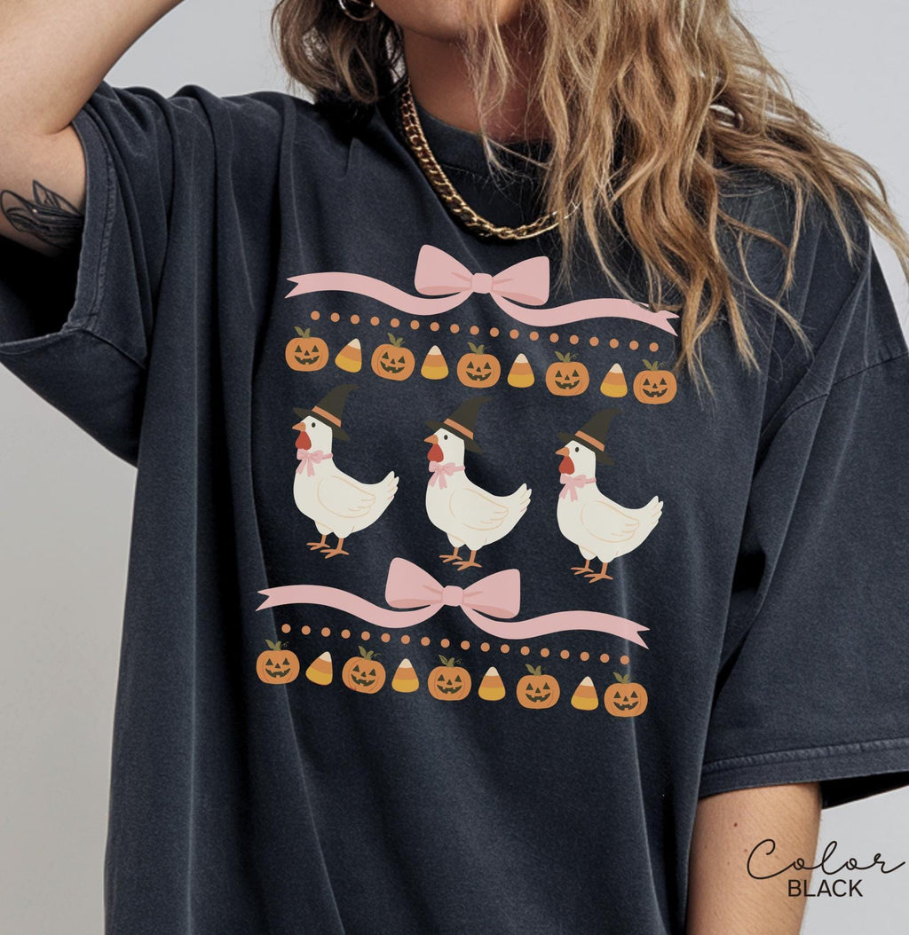 Halloween Chicken Bow Shirt, Retro Chicken Shirt, Cottagecore Halloween, Witch Chicks, Funny Chicken Tee, Farm Halloween, Country