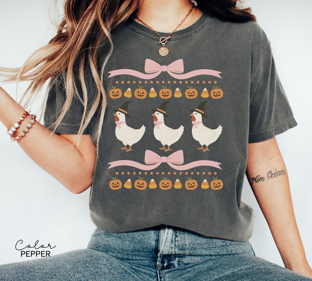 Halloween Chicken Bow Shirt, Retro Chicken Shirt, Cottagecore Halloween, Witch Chicks, Funny Chicken Tee, Farm Halloween, Country