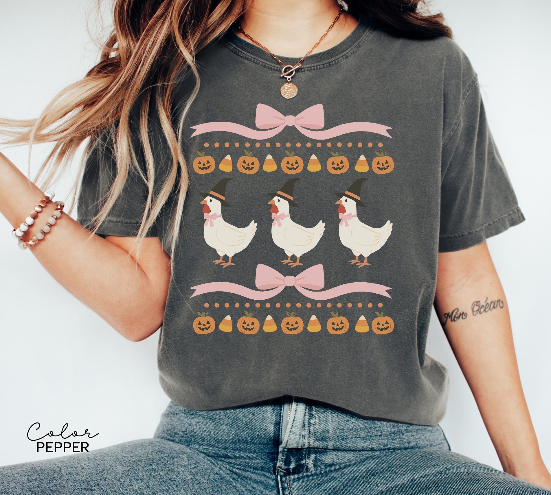 Halloween Chicken Bow Shirt, Retro Chicken Shirt, Cottagecore Halloween, Witch Chicks, Funny Chicken Tee, Farm Halloween, Country