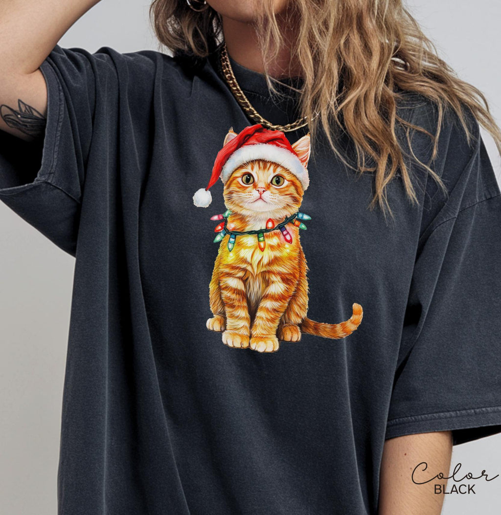 Cat Christmas Comfort Colors Shirt, Christmas Cat Tshirt, Vintage Cat with Santa Hat Shirt, Cute Retro Cat Lover Christmas Graphic Tee