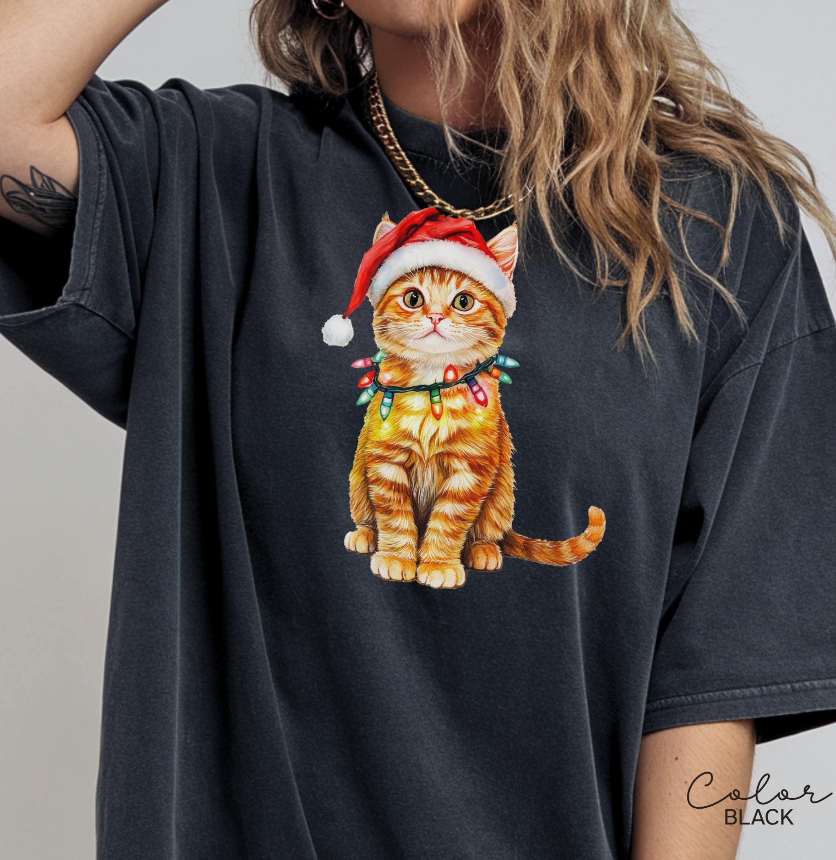 Cat Christmas Comfort Colors Shirt, Christmas Cat Tshirt, Vintage Cat with Santa Hat Shirt, Cute Retro Cat Lover Christmas Graphic Tee