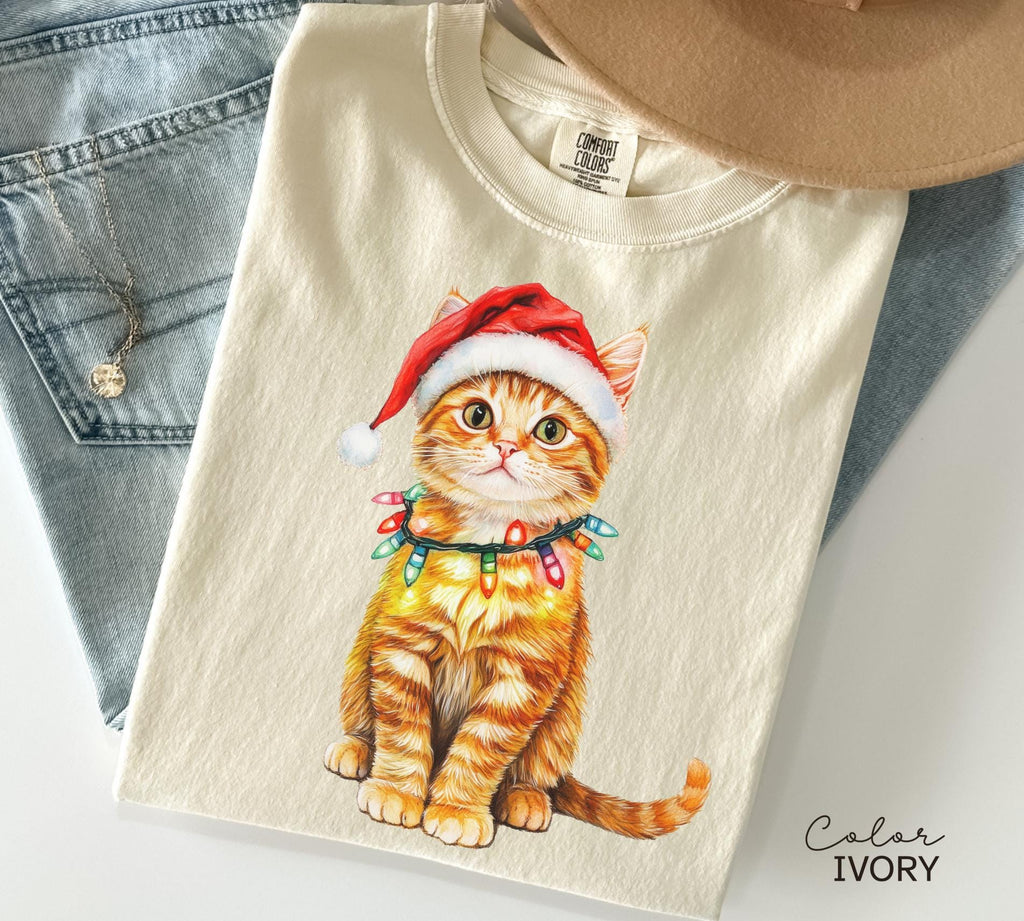 Cat Christmas Comfort Colors Shirt, Christmas Cat Tshirt, Vintage Cat with Santa Hat Shirt, Cute Retro Cat Lover Christmas Graphic Tee