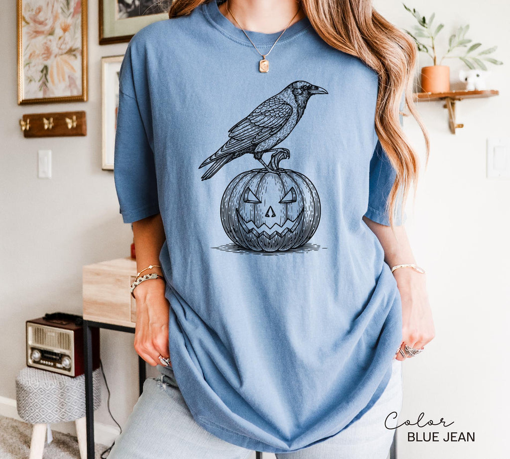 Halloween Crow Pumpkin Shirt, Jack O Lantern, Boho Cottagecore, Floral Halloween, Oversized, Comfort Colors, Crewneck Tee, Halloween Party