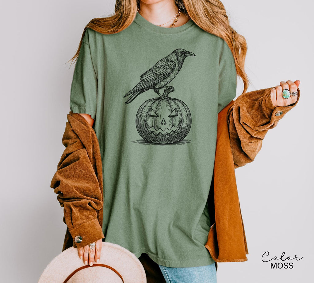 Halloween Crow Pumpkin Shirt, Jack O Lantern, Boho Cottagecore, Floral Halloween, Oversized, Comfort Colors, Crewneck Tee, Halloween Party
