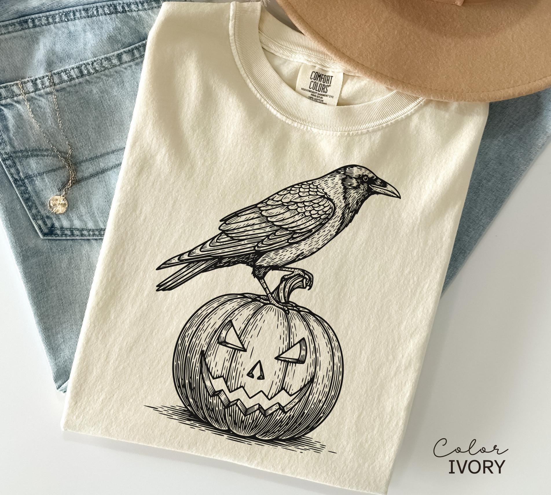 Halloween Crow Pumpkin Shirt, Jack O Lantern, Boho Cottagecore, Floral Halloween, Oversized, Comfort Colors, Crewneck Tee, Halloween Party