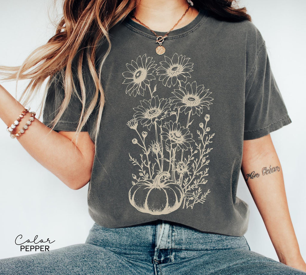 Boho Fall Floral Shirt, Retro Fall Tshirt, Comfort Colors, Autumn Vibes Shirt, Pumpkin Fall Tee, Pressed Wildflower Flower Shirt