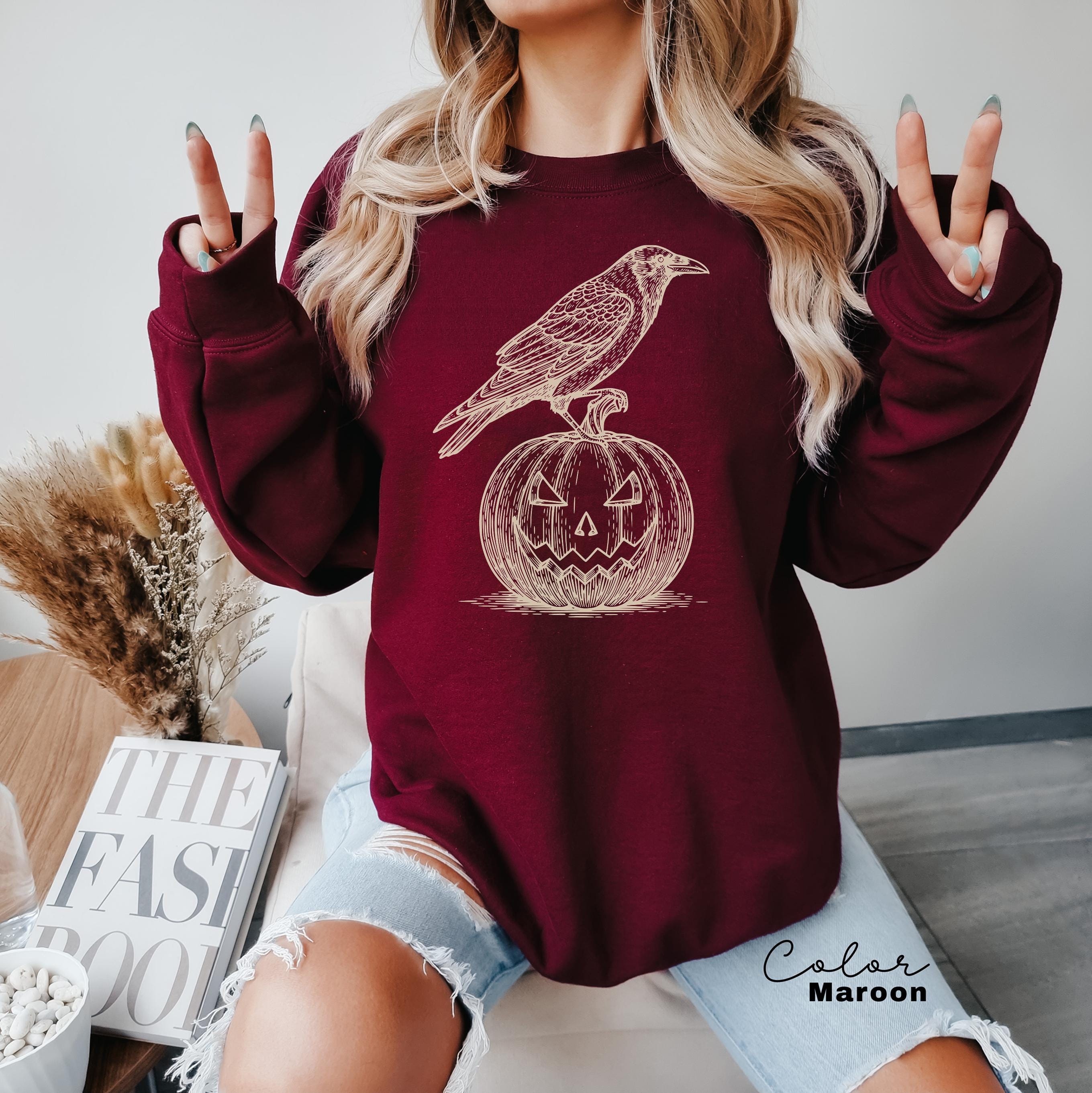 Halloween Crow Pumpkin Sweatshirt, Jack O Lantern, Boho Cottagecore, Floral Halloween, Oversized, Crewneck, Halloween Party