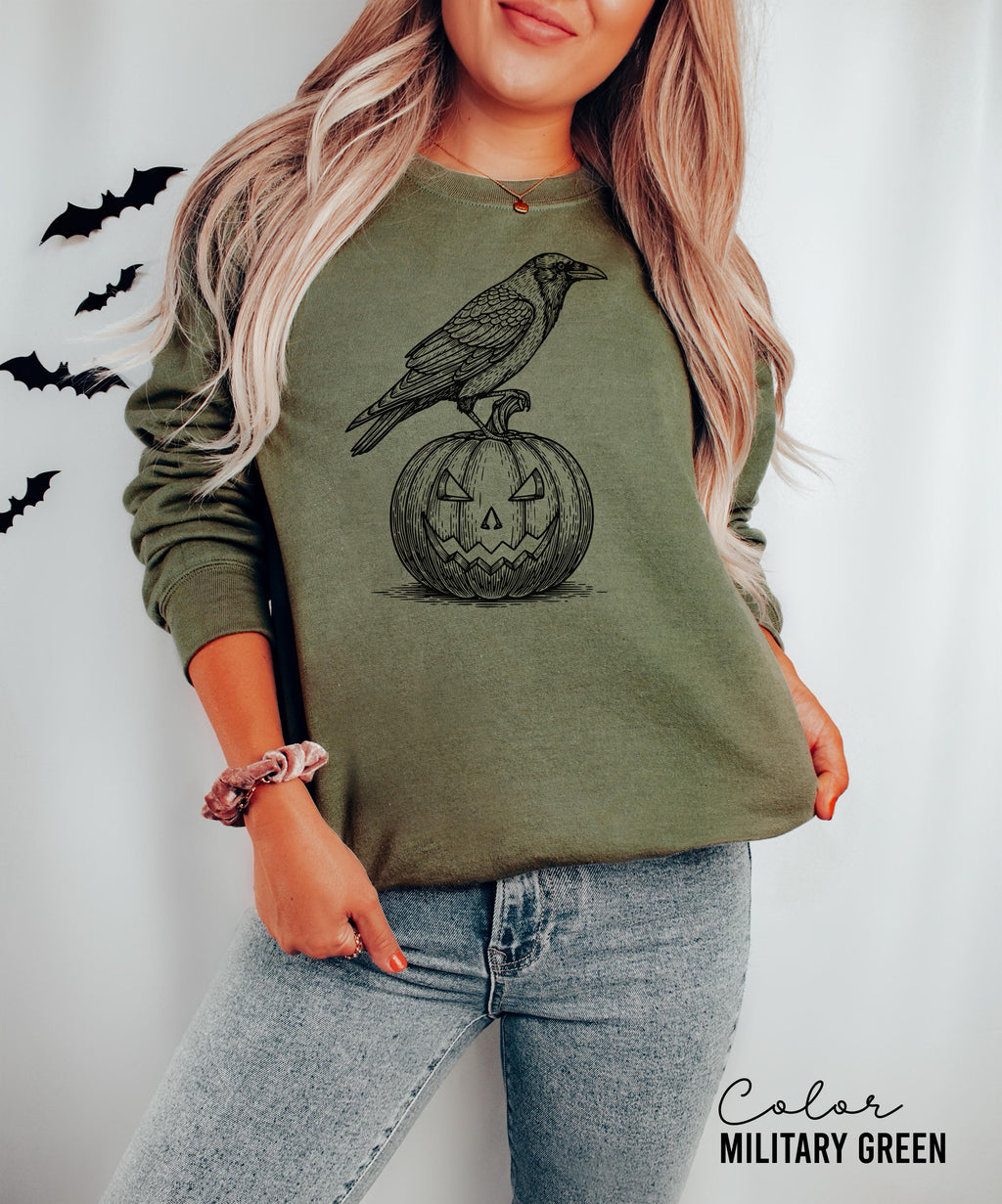 Halloween Crow Pumpkin Sweatshirt, Jack O Lantern, Boho Cottagecore, Floral Halloween, Oversized, Crewneck, Halloween Party
