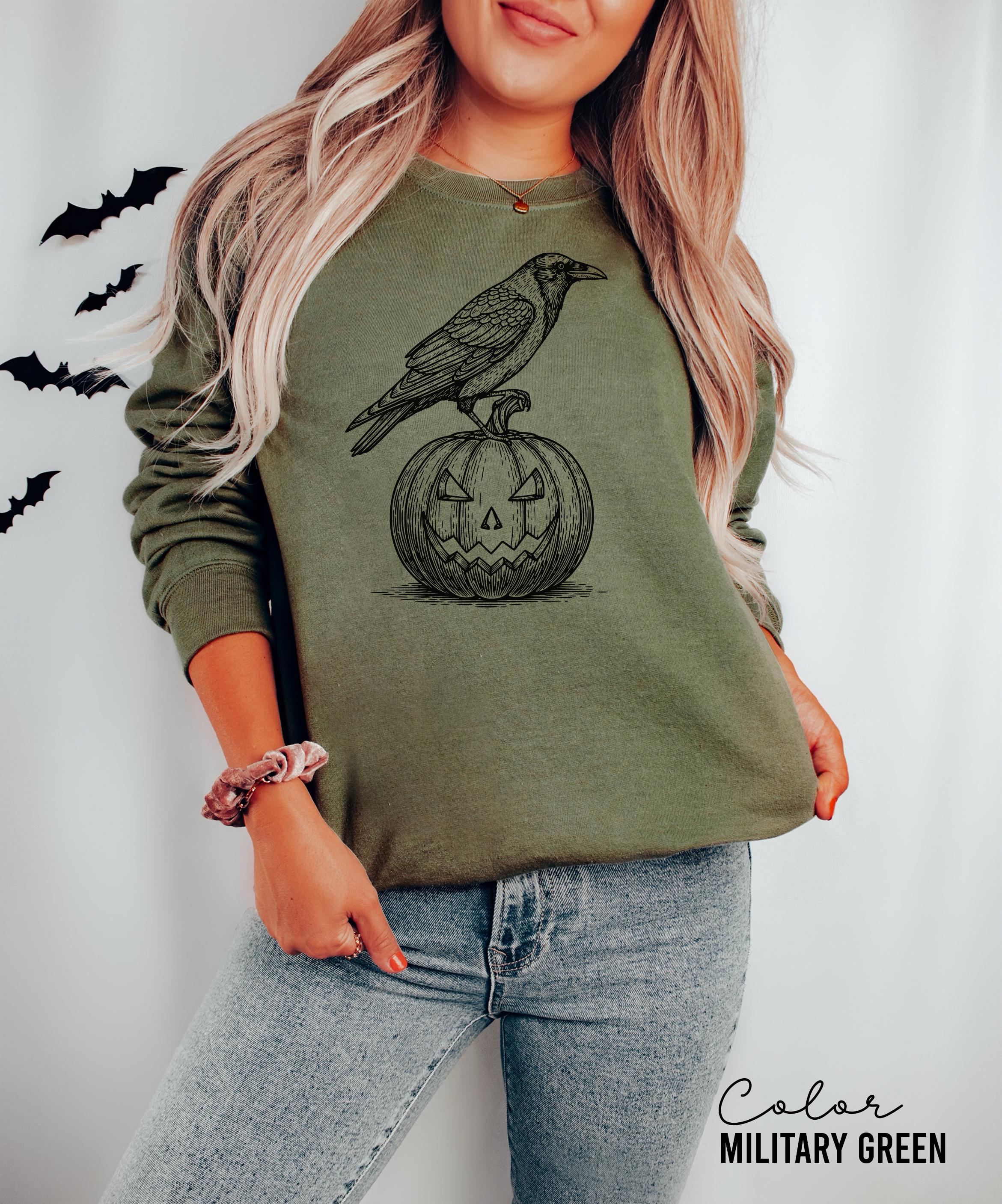 Halloween Crow Pumpkin Sweatshirt, Jack O Lantern, Boho Cottagecore, Floral Halloween, Oversized, Crewneck, Halloween Party
