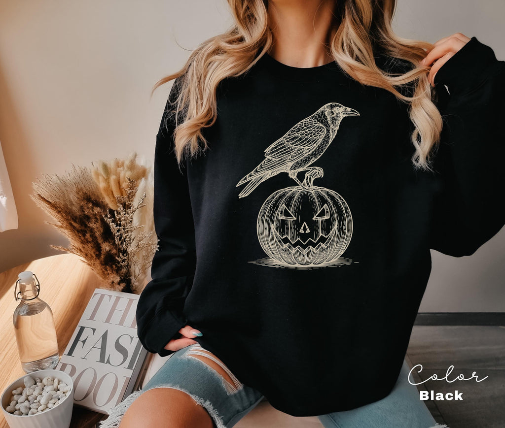 Halloween Crow Pumpkin Sweatshirt, Jack O Lantern, Boho Cottagecore, Floral Halloween, Oversized, Crewneck, Halloween Party