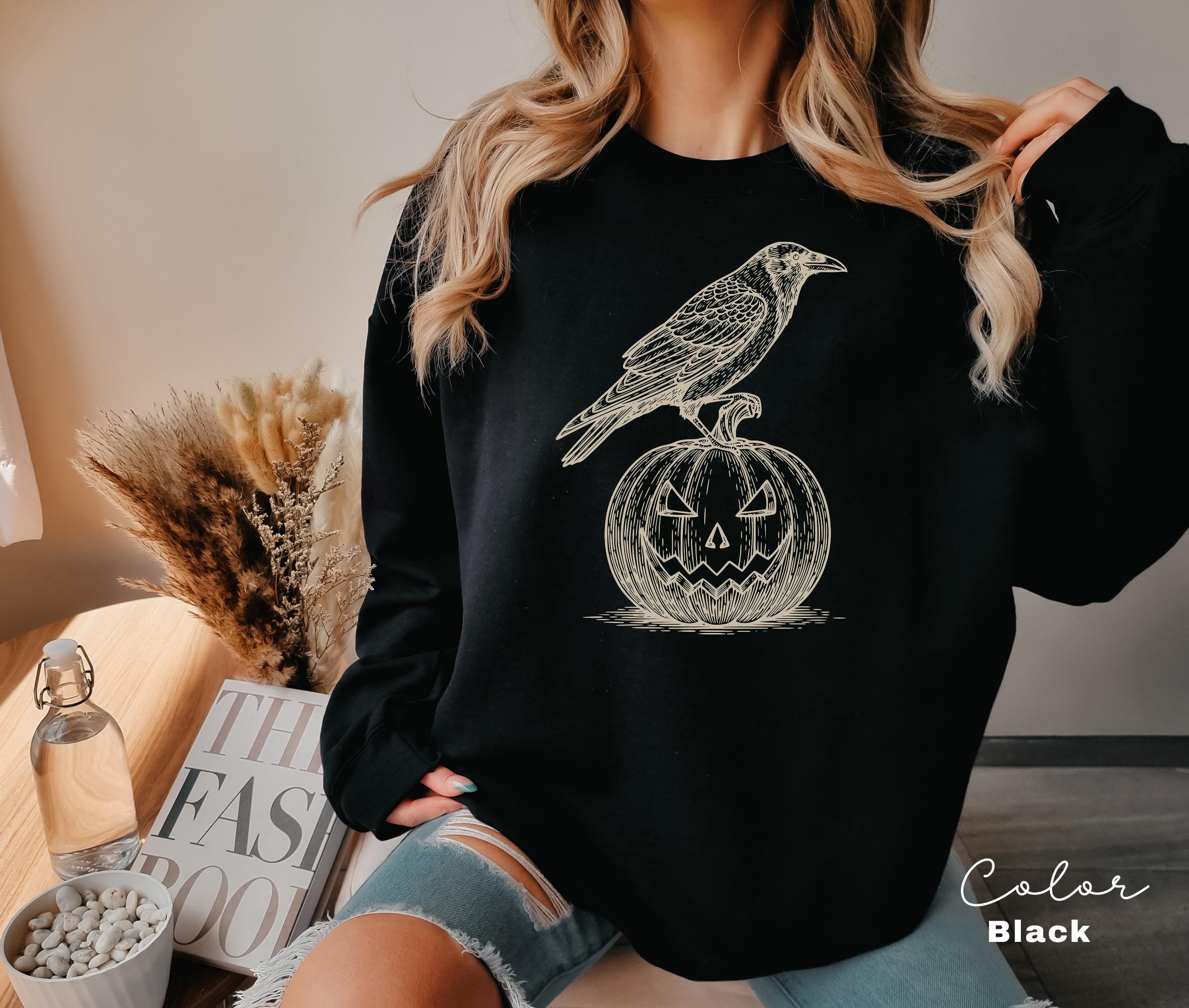 Halloween Crow Pumpkin Sweatshirt, Jack O Lantern, Boho Cottagecore, Floral Halloween, Oversized, Crewneck, Halloween Party