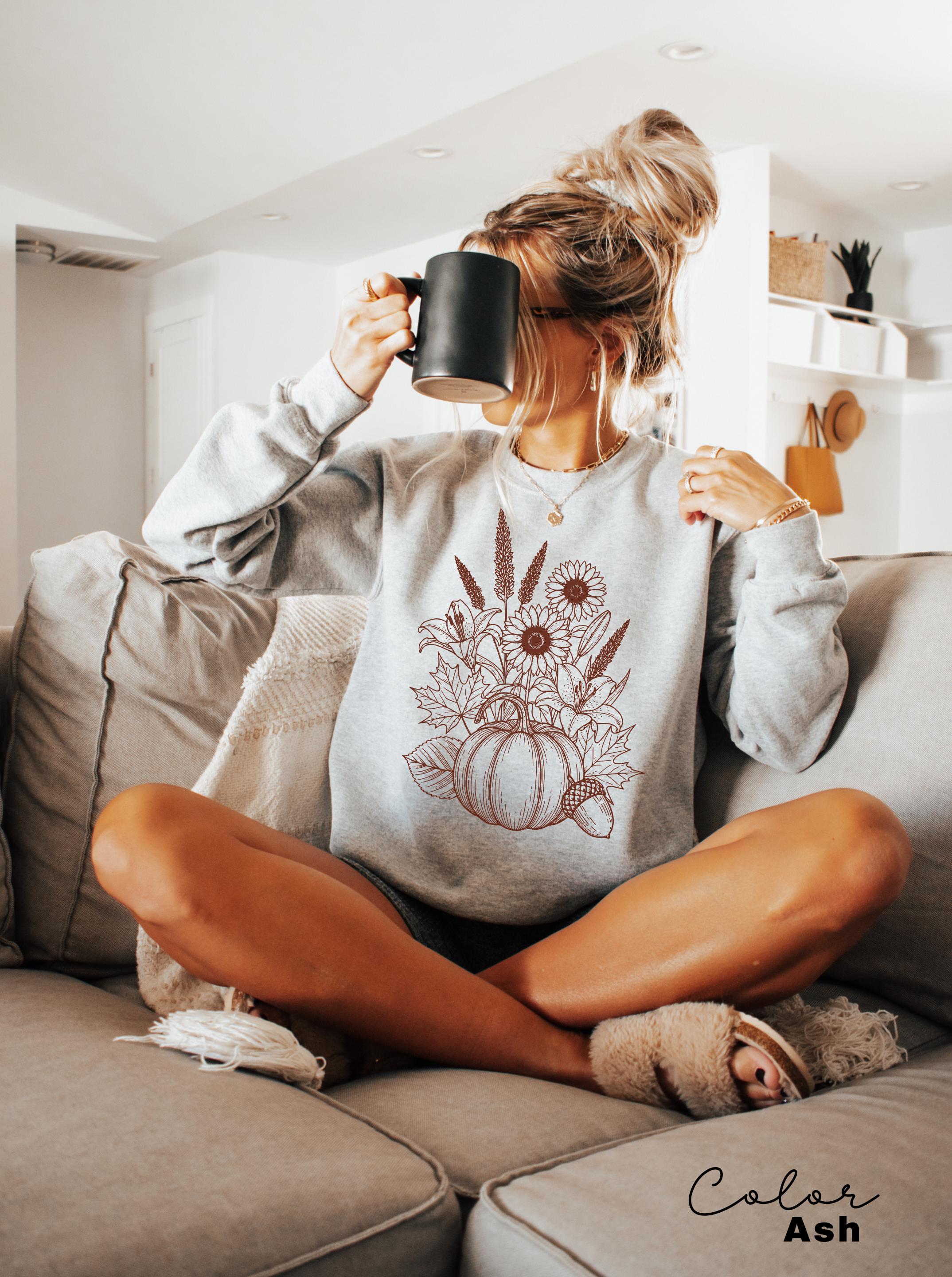 Boho Fall Floral Sweatshirt, Retro Fall Crewneck, Autumn Vibes, Pumpkin Fall, Pressed Wildflower Flower Sweatshirt