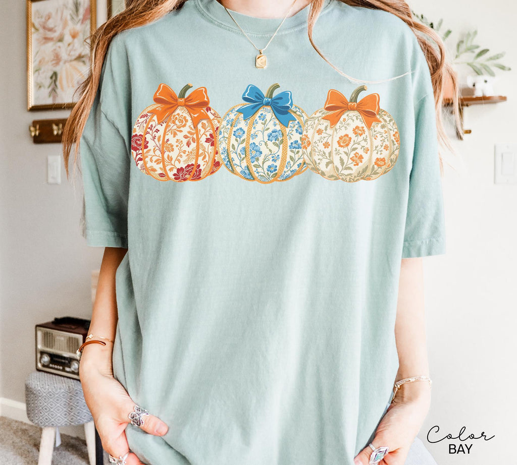 Preppy Floral Pumpkin Shirt Pumpkin Season T-Shirt, Coquette Bow, Autumn Fall Shirt, Thanksgiving Shirt, Fall Pumpkin Comfort Colors Shirt