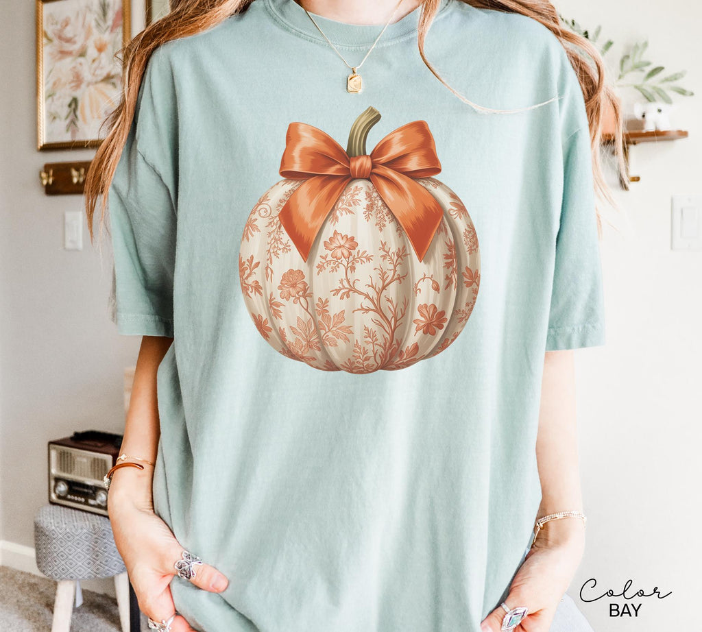Preppy Floral Pumpkin Shirt Pumpkin Season T-Shirt, Coquette Bow, Autumn Fall Shirt, Thanksgiving Shirt, Fall Pumpkin Comfort Colors Shirt