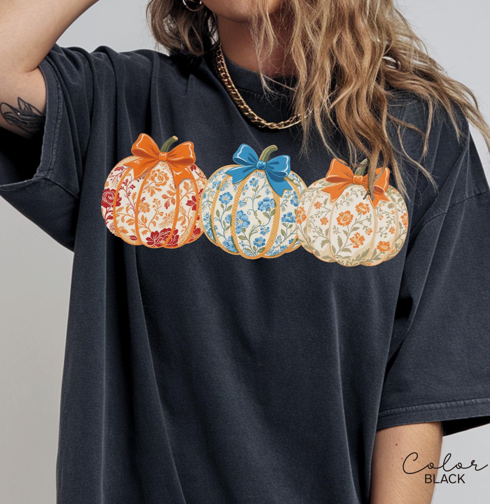 Preppy Floral Pumpkin Shirt Pumpkin Season T-Shirt, Coquette Bow, Autumn Fall Shirt, Thanksgiving Shirt, Fall Pumpkin Comfort Colors Shirt