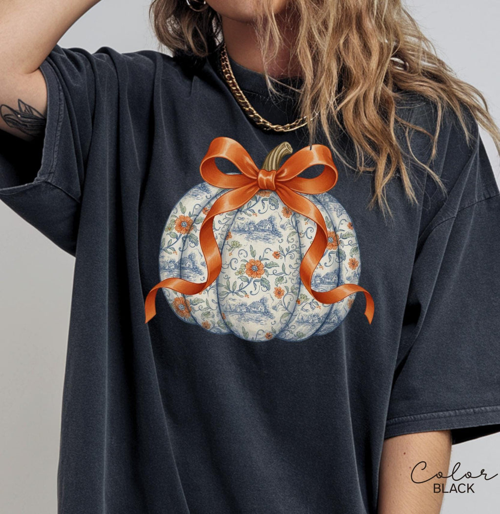 Preppy Floral Pumpkin Shirt Pumpkin Season T-Shirt, Coquette Bow, Autumn Fall Shirt, Thanksgiving Shirt, Fall Pumpkin Comfort Colors Shirt