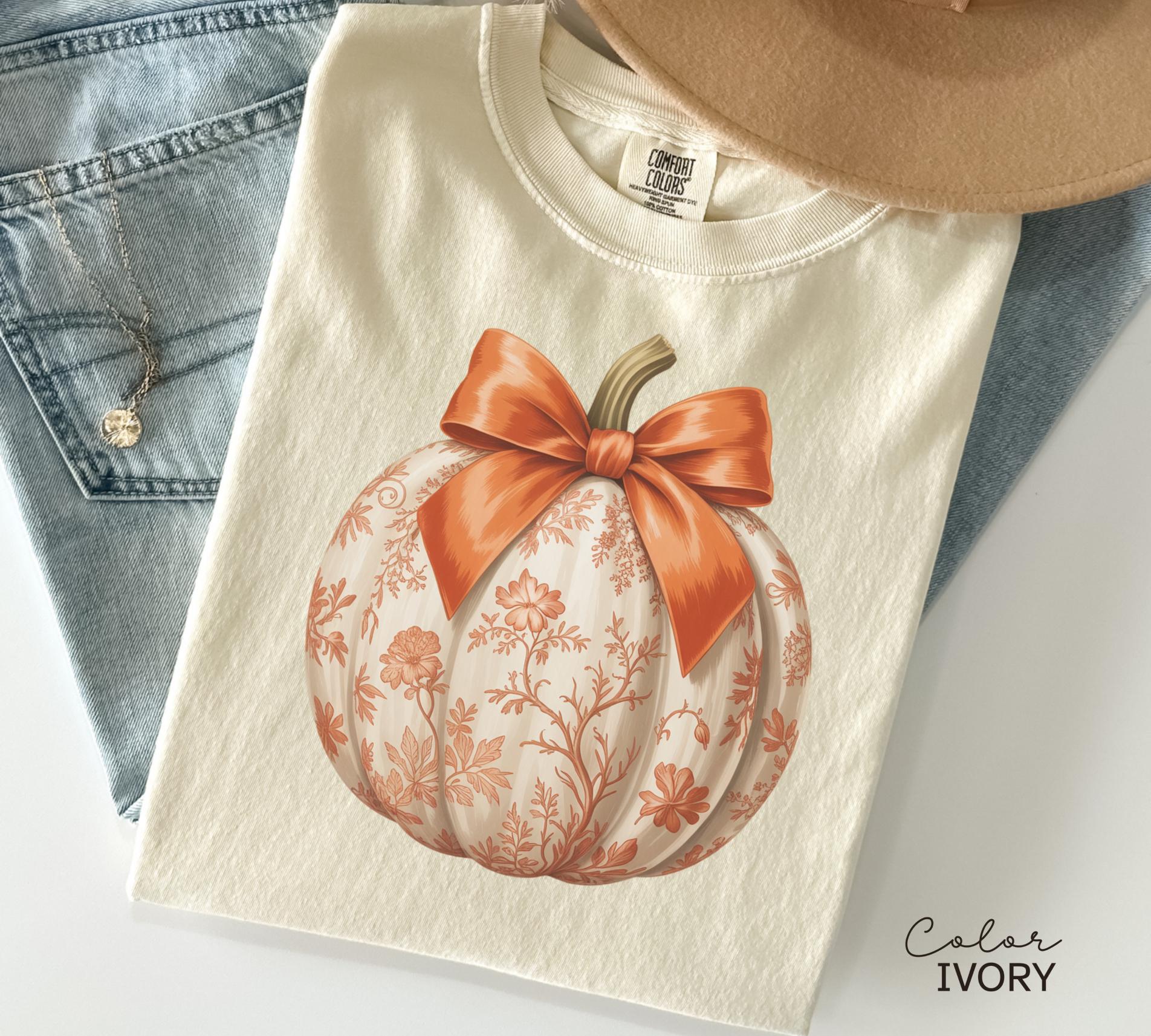 Preppy Floral Pumpkin Shirt Pumpkin Season T-Shirt, Coquette Bow, Autumn Fall Shirt, Thanksgiving Shirt, Fall Pumpkin Comfort Colors Shirt