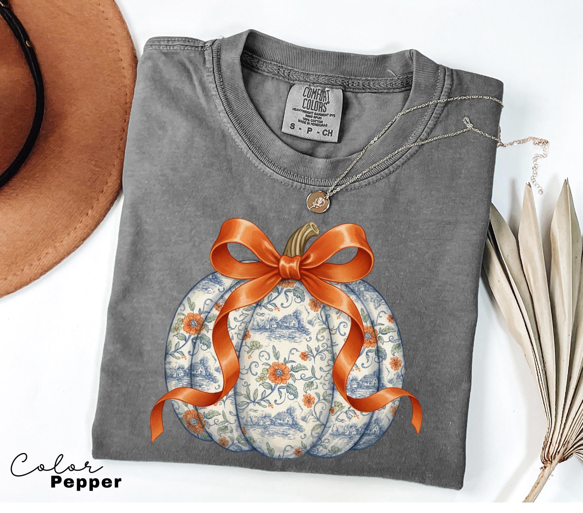 Preppy Floral Pumpkin Shirt Pumpkin Season T-Shirt, Coquette Bow, Autumn Fall Shirt, Thanksgiving Shirt, Fall Pumpkin Comfort Colors Shirt