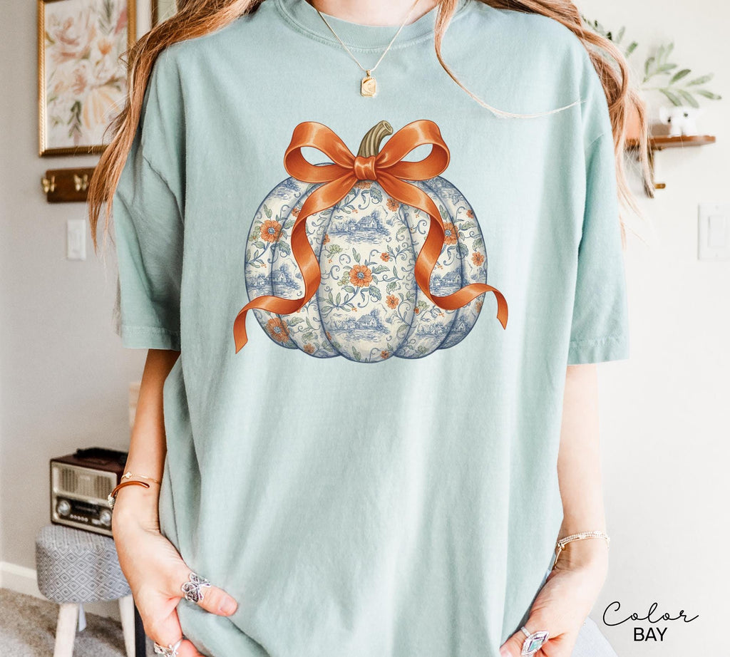 Preppy Floral Pumpkin Shirt Pumpkin Season T-Shirt, Coquette Bow, Autumn Fall Shirt, Thanksgiving Shirt, Fall Pumpkin Comfort Colors Shirt