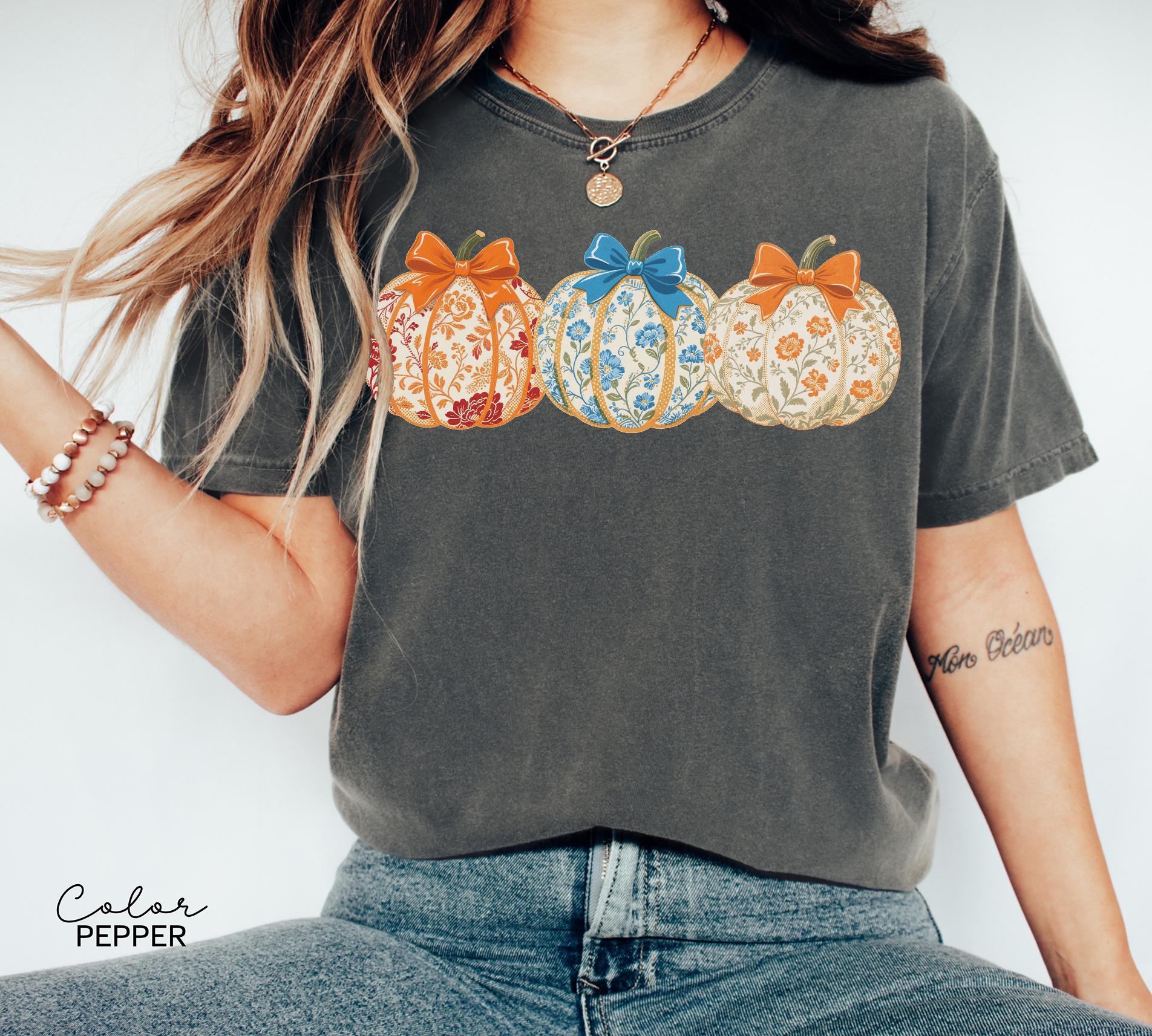 Preppy Floral Pumpkin Shirt Pumpkin Season T-Shirt, Coquette Bow, Autumn Fall Shirt, Thanksgiving Shirt, Fall Pumpkin Comfort Colors Shirt